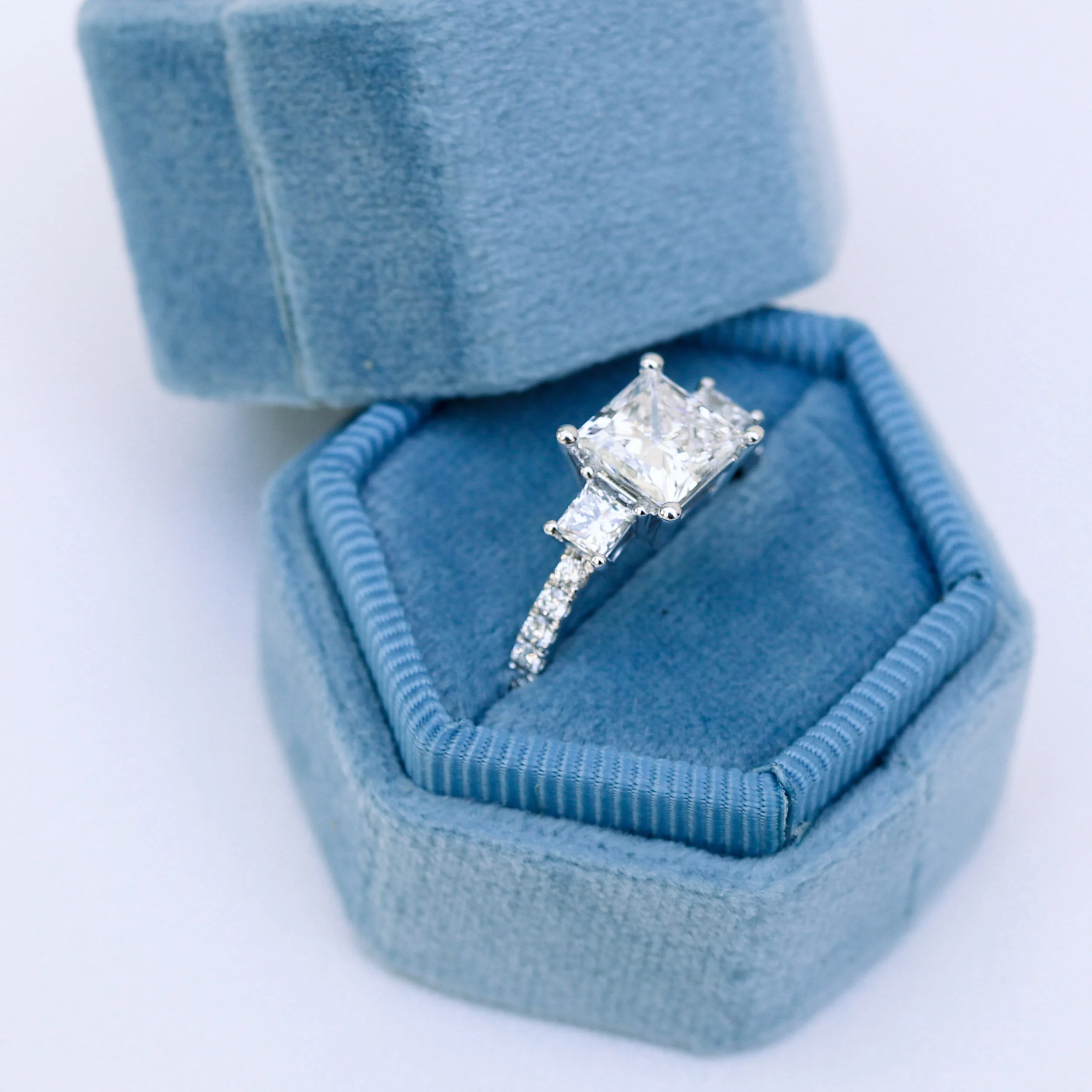 18k White Gold 1.5ct Princess Cut Three Stone Ring with Diamonds on the Band Ada Diamonds Design AD-477 Macro