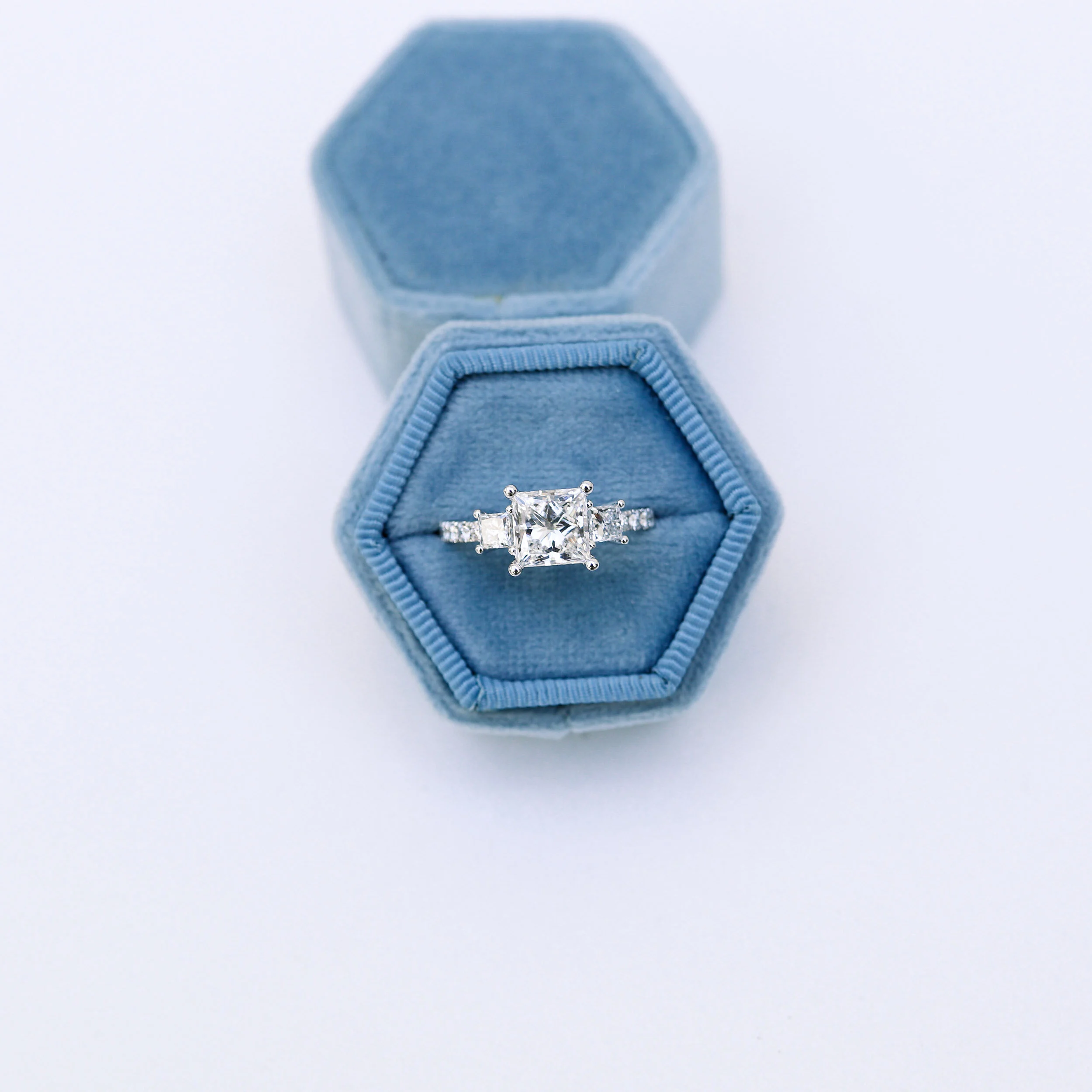 White Gold 1.75ct Princess Cut Pavé 3 Stone Ring with Man Made Diamonds Ada Diamonds Design AD-477 in Box