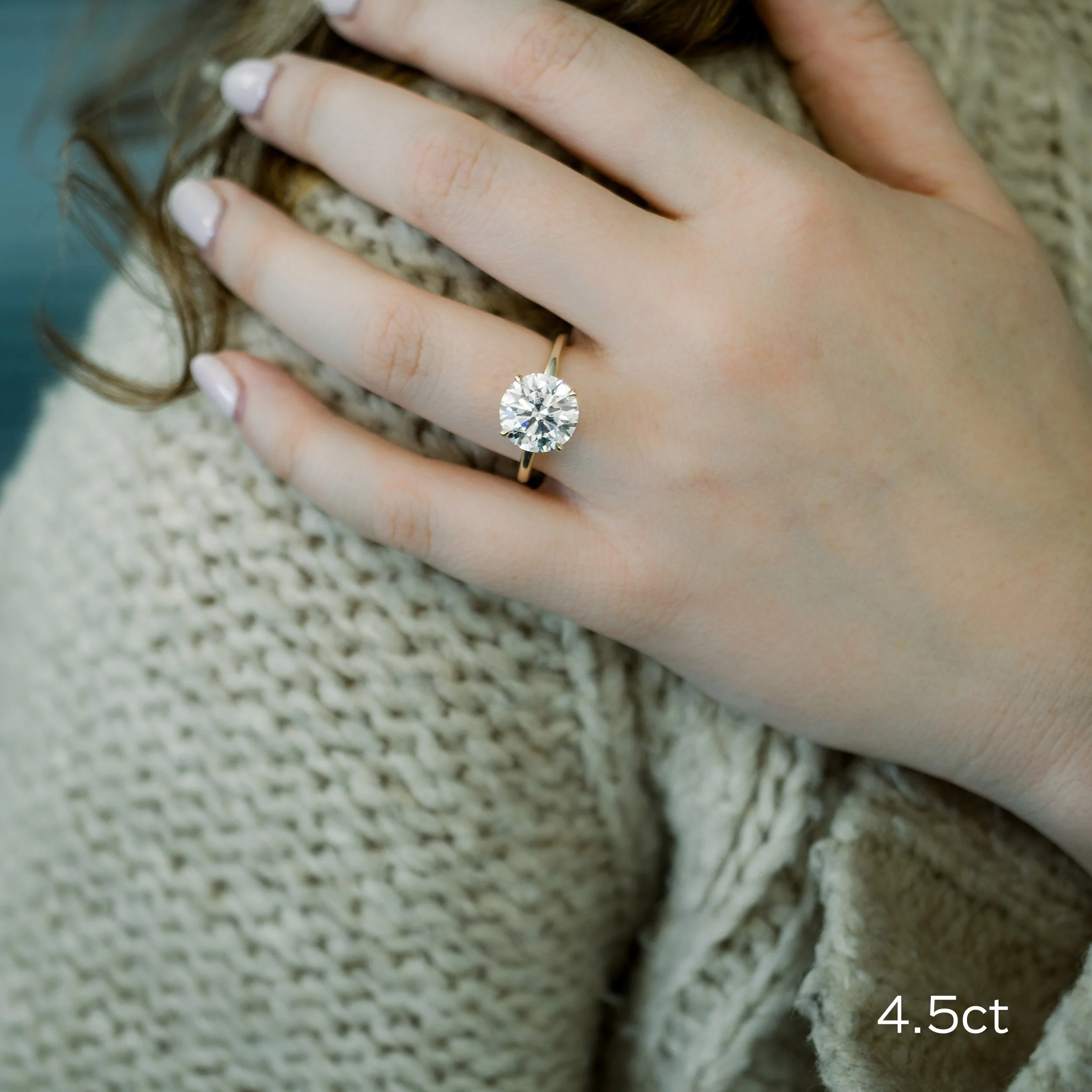 yellow gold 4.5ct round lab diamond solitaire engagement ring ada diamonds design ad 066 on model