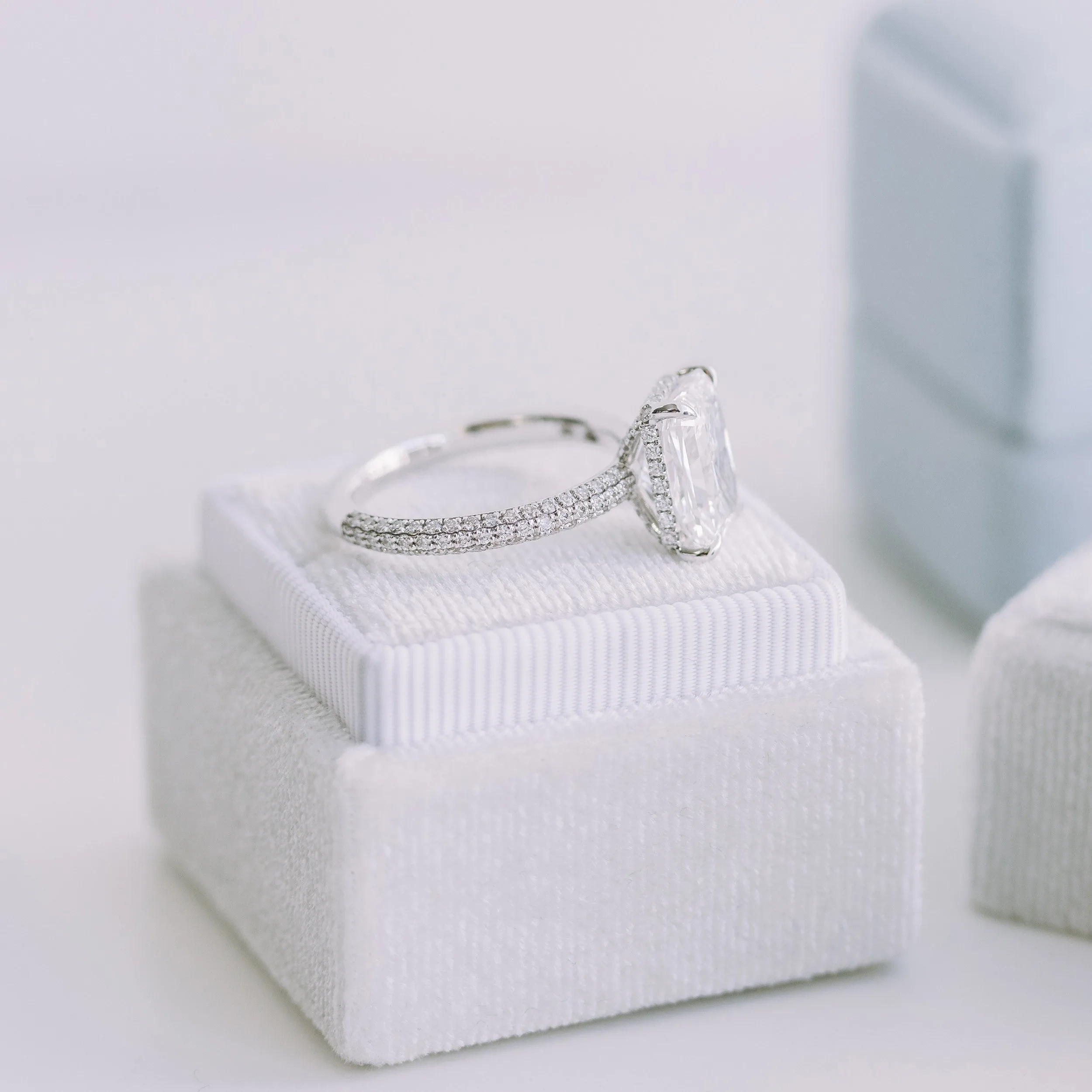 platinum 3 carat radiant cut manmade diamond in three sided pavé engagement ring ada diamonds design ad 172
