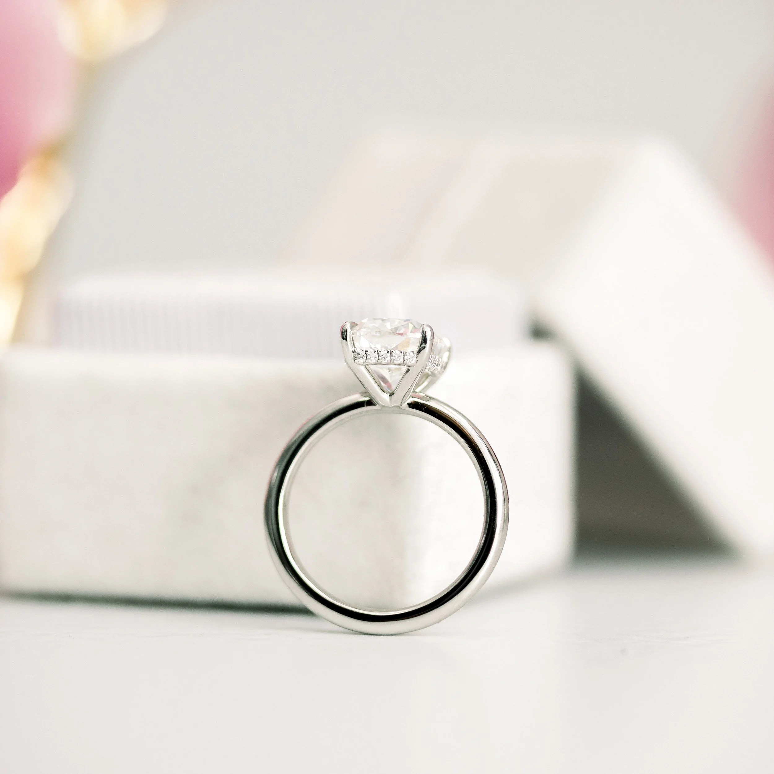 Platinum 3 Carat Cushion Cut Solitaire Engagement Ring with Hidden Halo Featuring Lab Diamonds Ada Diamonds Design AD-221 Profile View