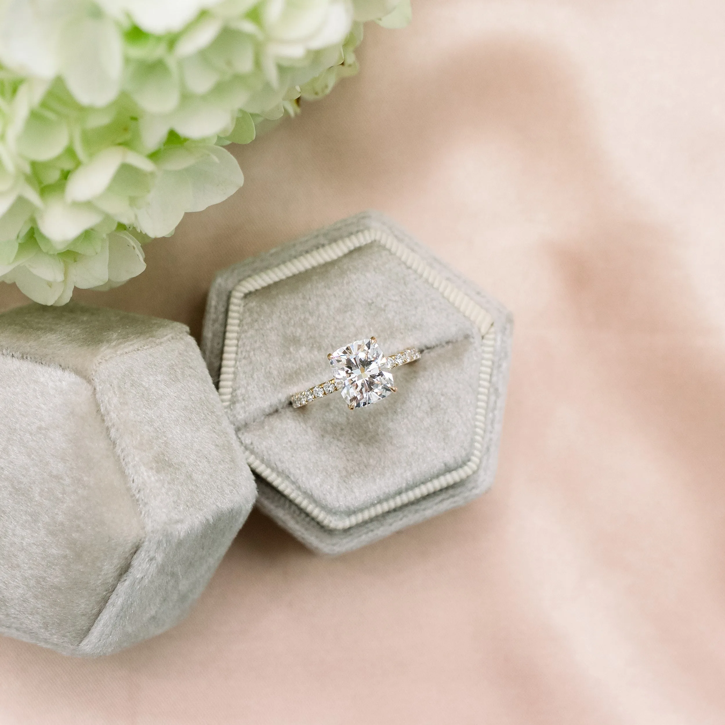 14k yellow gold 2.5ct cushion cut lab diamond pavé engagement ring ada diamonds design ad 214 macro