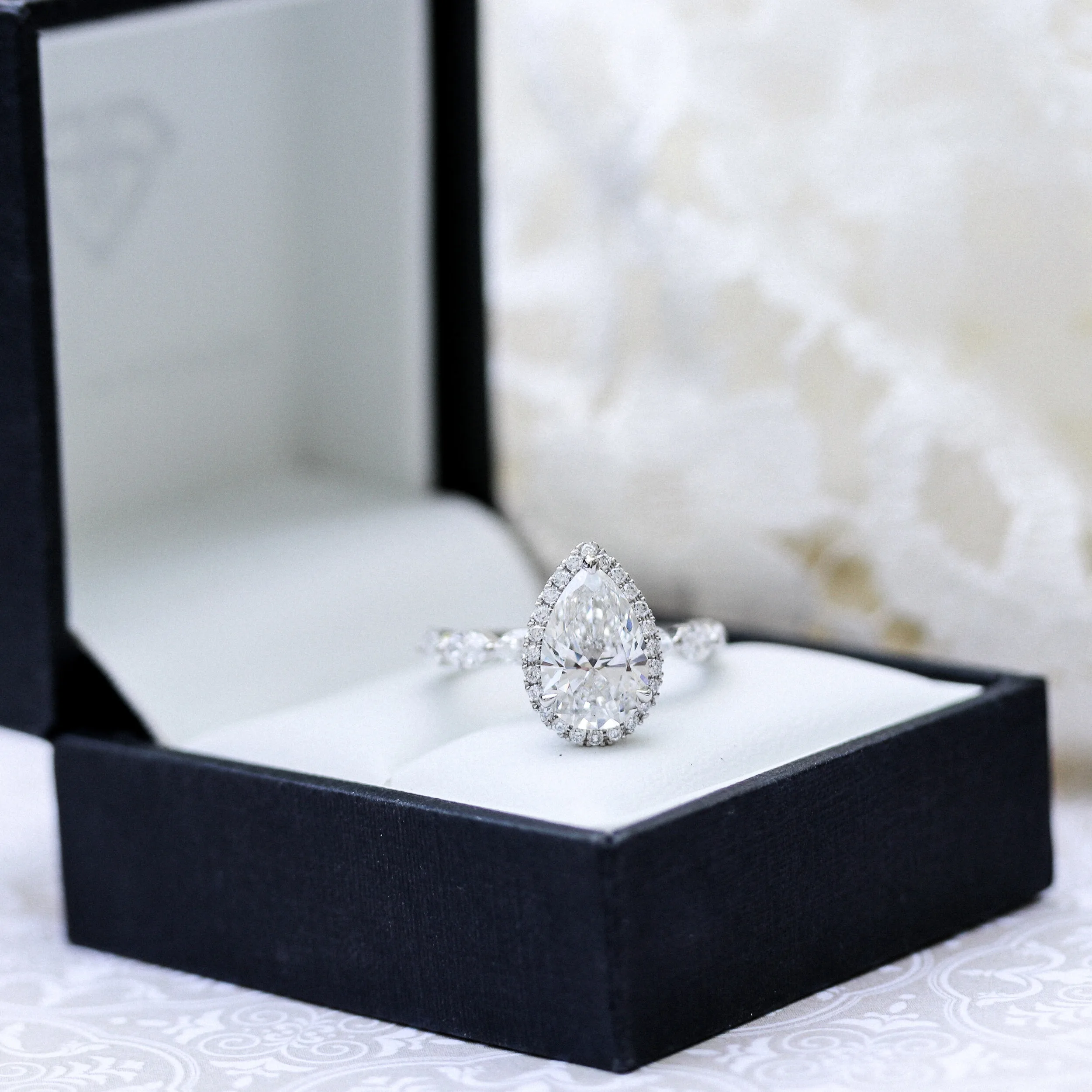 Custom Pear Halo Lab Diamond Ring with Marquise Band Ada Diamonds AD-179