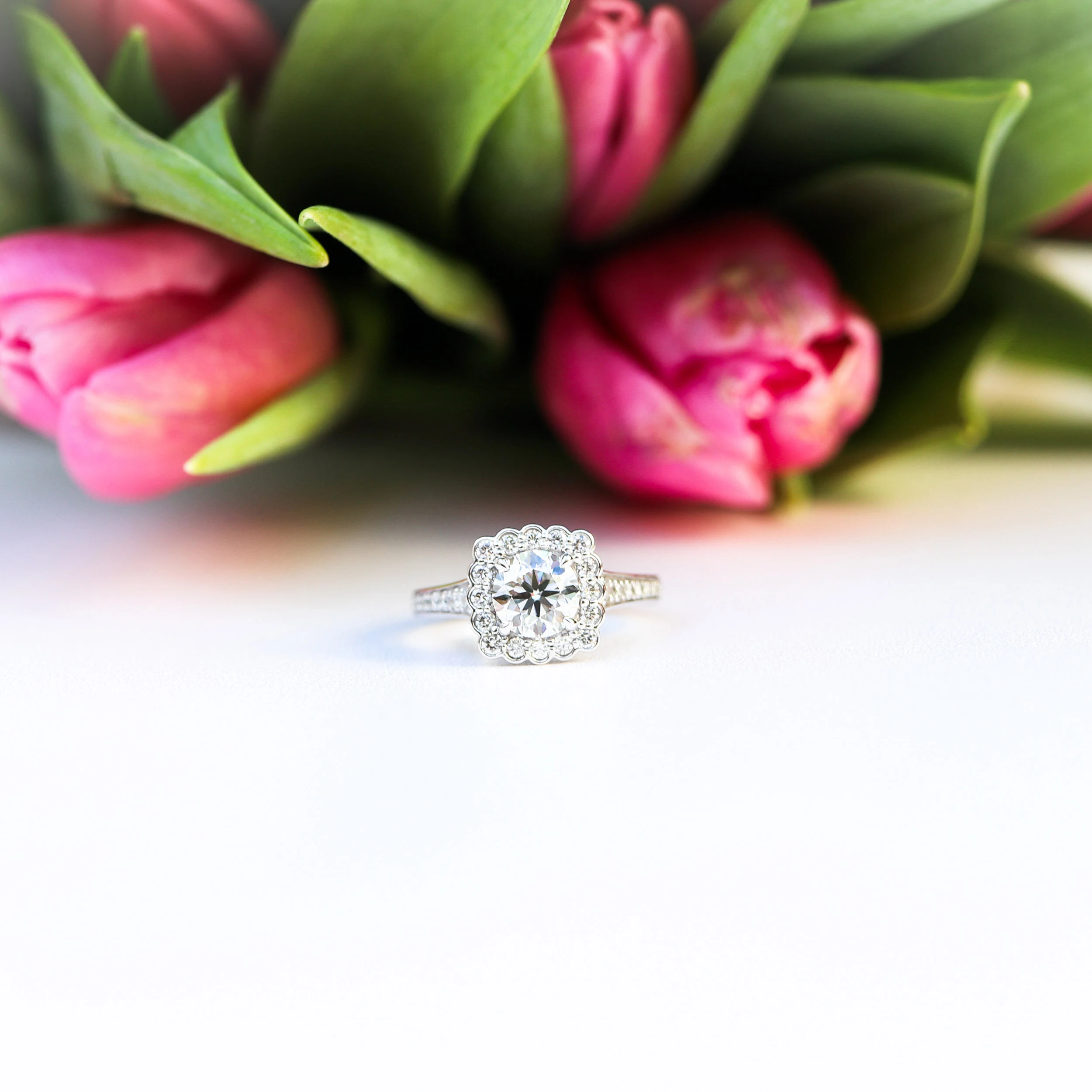 Custom Floral Lab Diamond Halo Engagement Ring with Channel Set Band in Platinum Ada Diamonds AD-179
