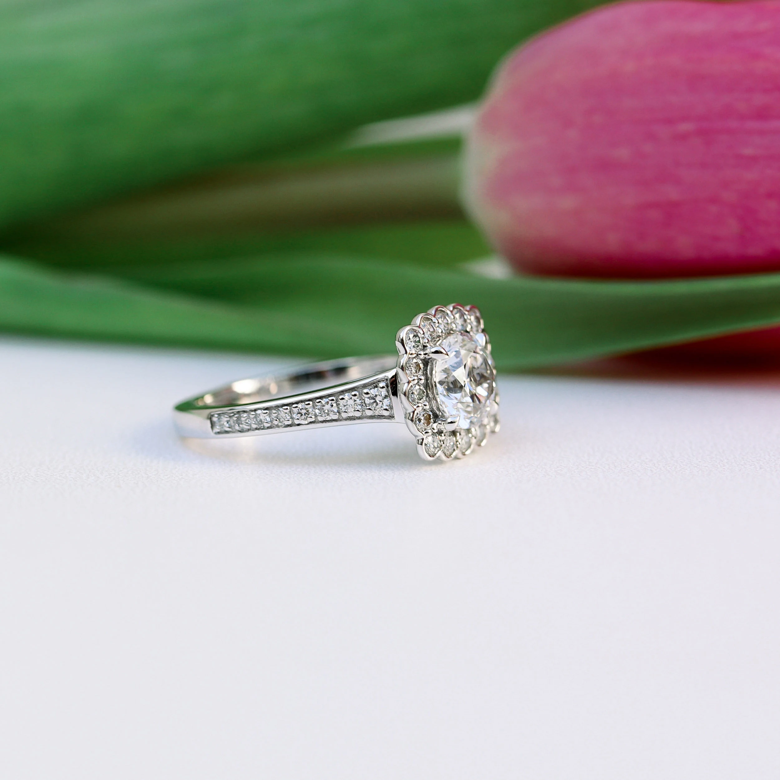 Custom Floral Lab Diamond Halo Engagement Ring with Channel Set Band in Platinum Side View Ada Diamonds AD-179