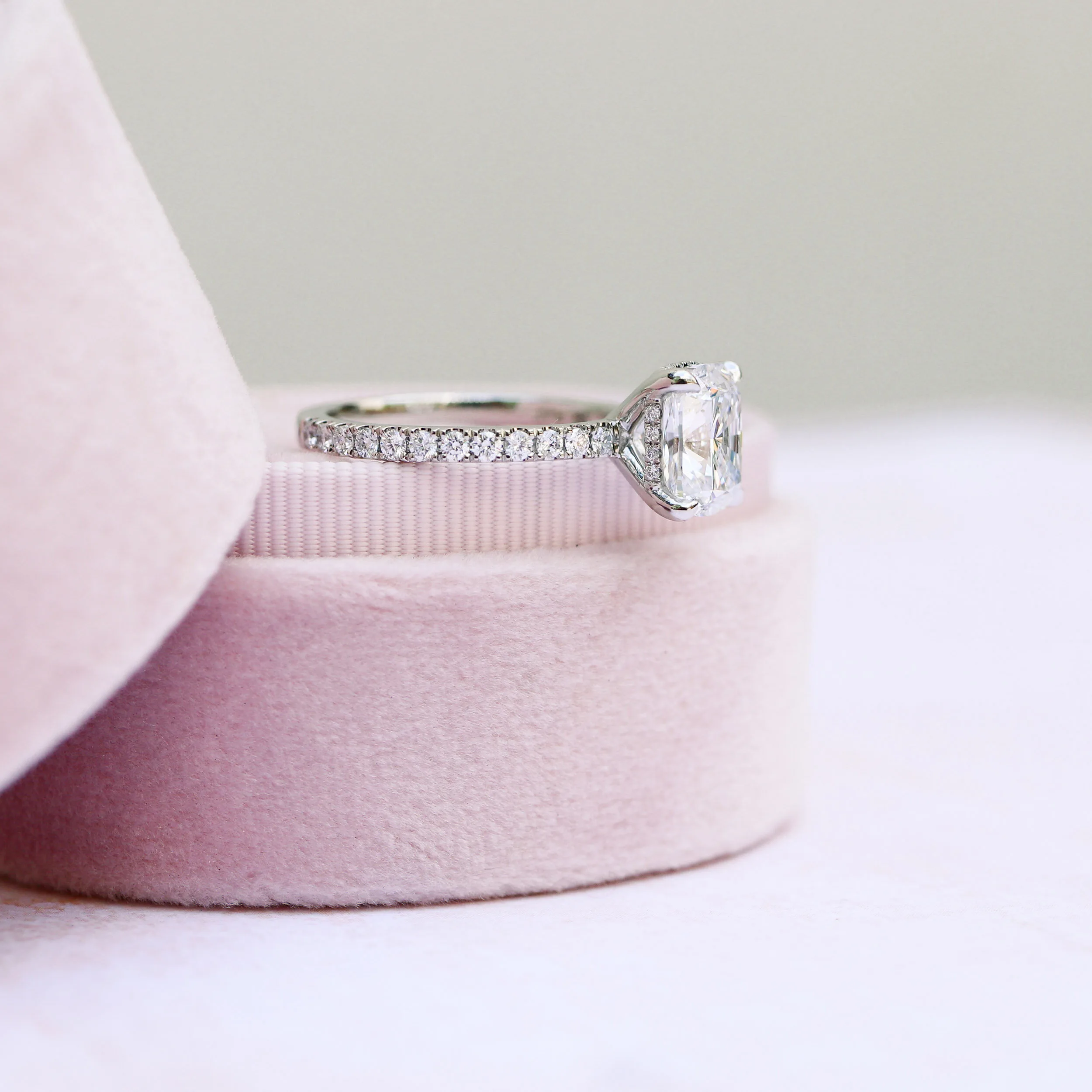 Platinum Cushion Cut Lab Diamond Pavé Engagement Ring Ada Diamonds Design AD-214 Profile View