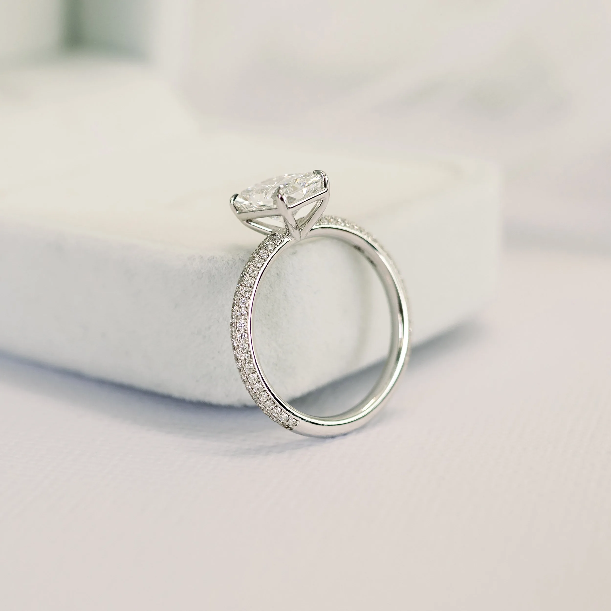 platinum 2 ct radiant cut man made diamond pavé engagement ring ada diamonds design ad 172 profile
