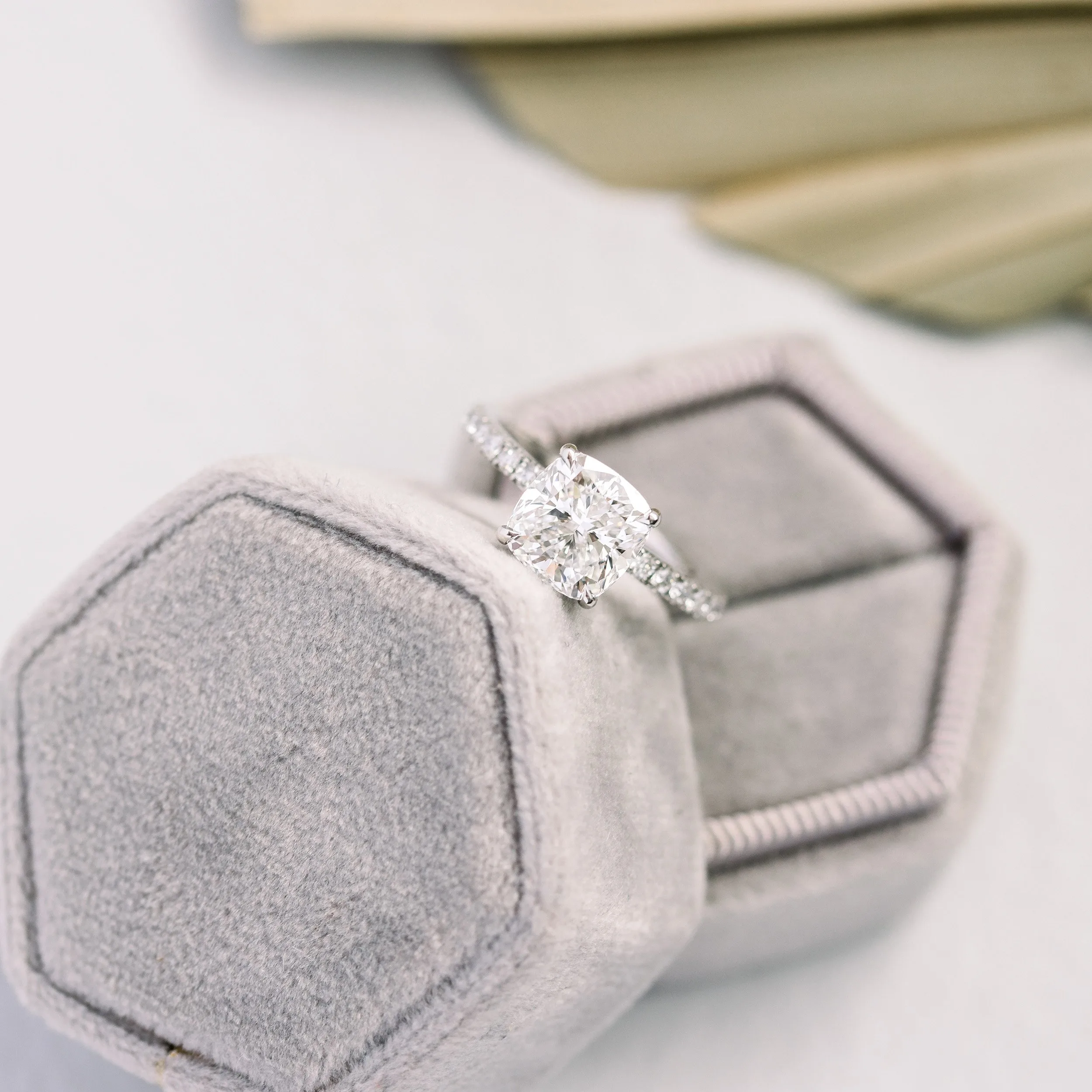 Cushion Cut Pavé Lab Diamond Engagement Ring in Platinum Ada Diamonds Design Number AD-214 Artistic Shot