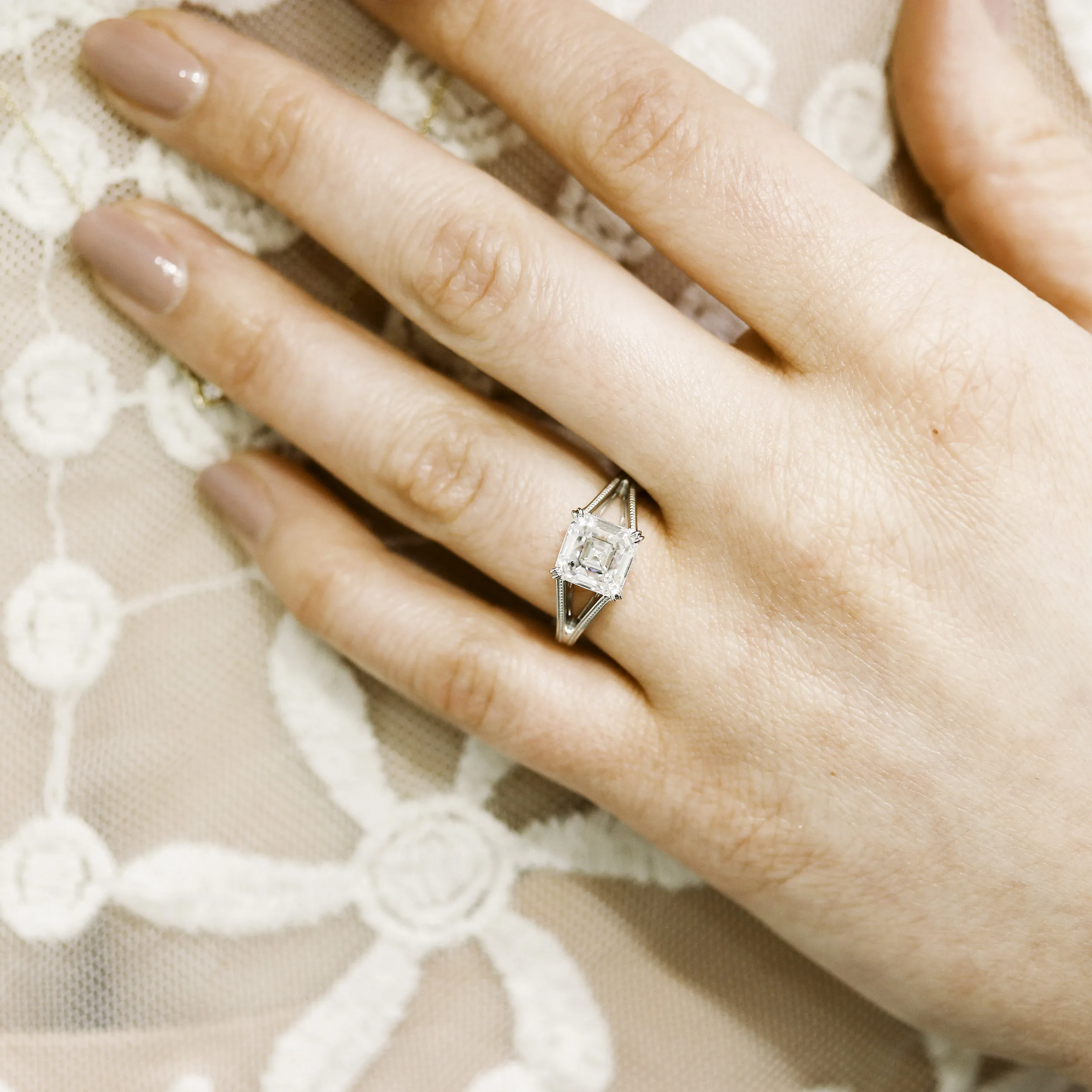 Two Carat Asscher Lab Diamond Split Shank Lab Diamond Engagement Ring in Platinum Ada Diamonds On Model Design AD-177