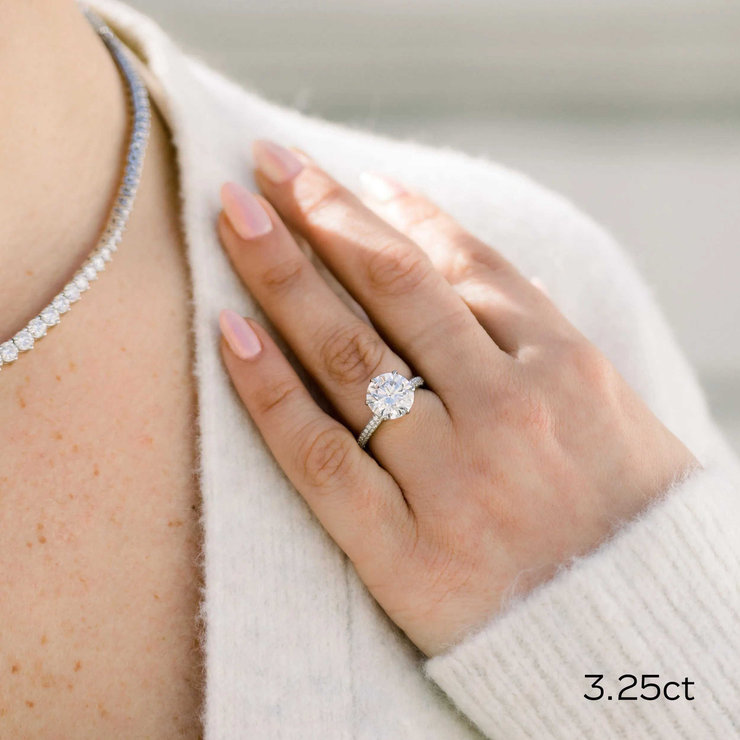 platinum 3.25ct round micropave six prong lab diamond engagement ring ada diamonds design 172 on model