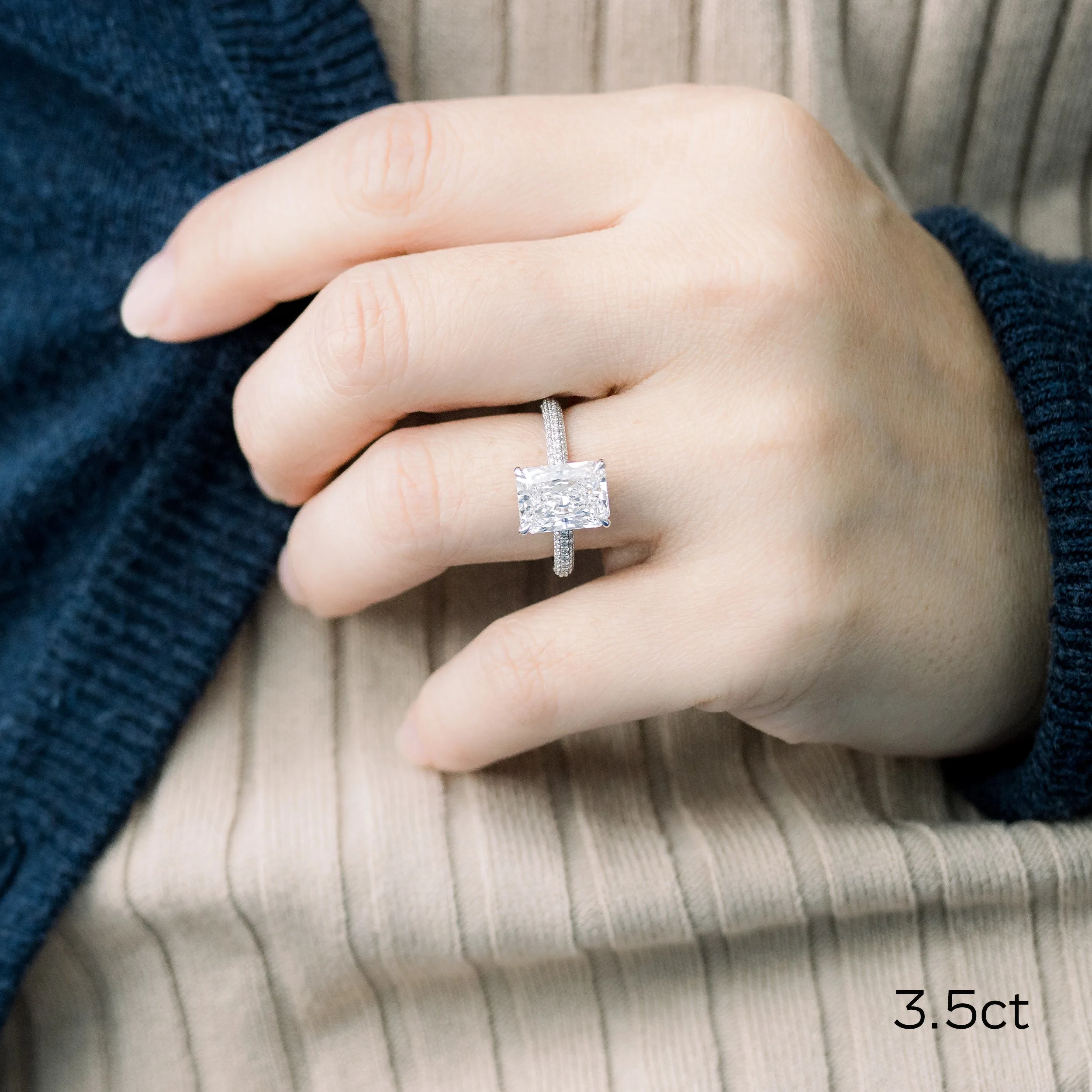platinum 3.5 carat radiant cut lab diamond engagement ring with micropavé band on model ada diamonds design ad 172