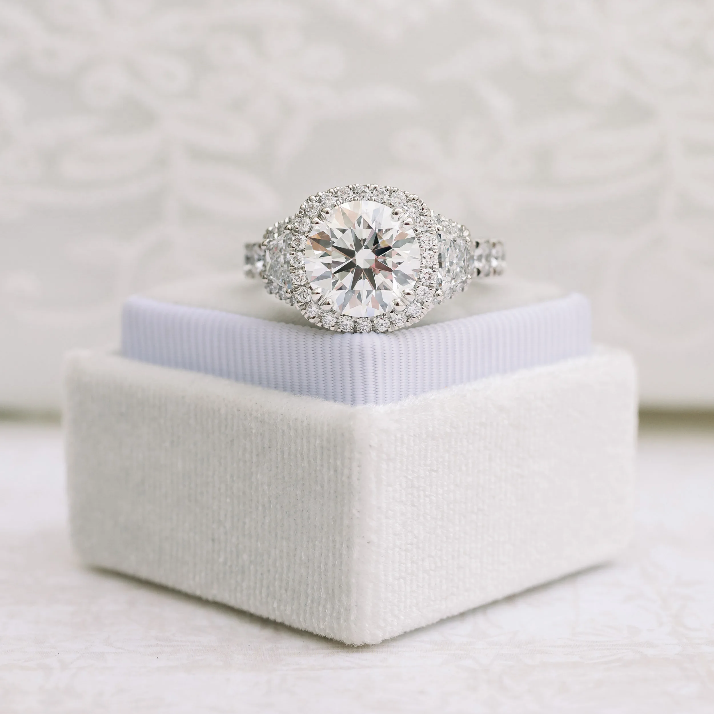 Platinum 6ct Round and Trapezoid Custom Halo Engagement Ring with Lab Diamonds Ada Diamonds Design AD-180 Artistic