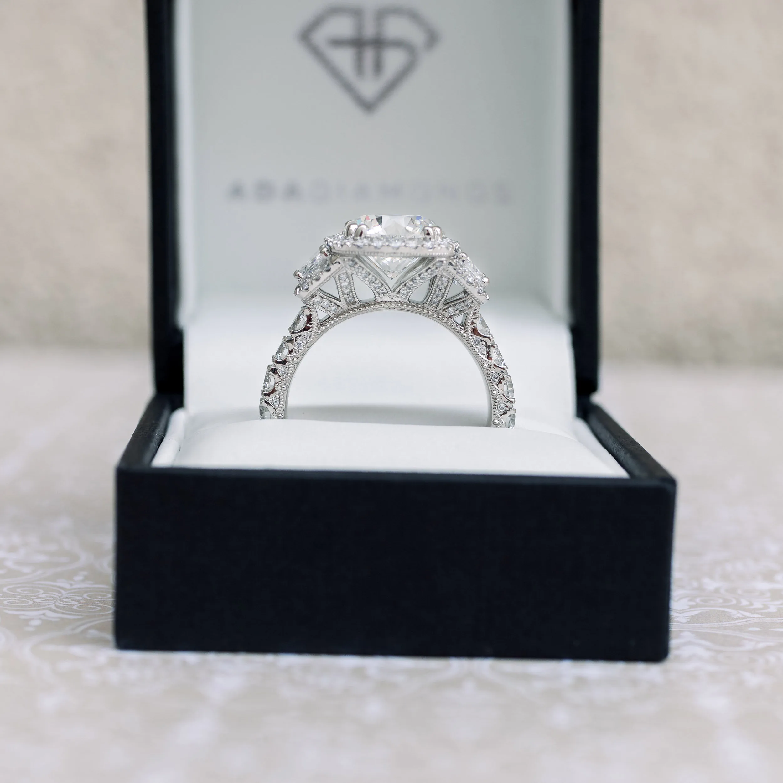 Platinum Six Carat Round and Trapezoid Halo Lab Diamond Ring Ada Diamonds Design AD-180 Profile