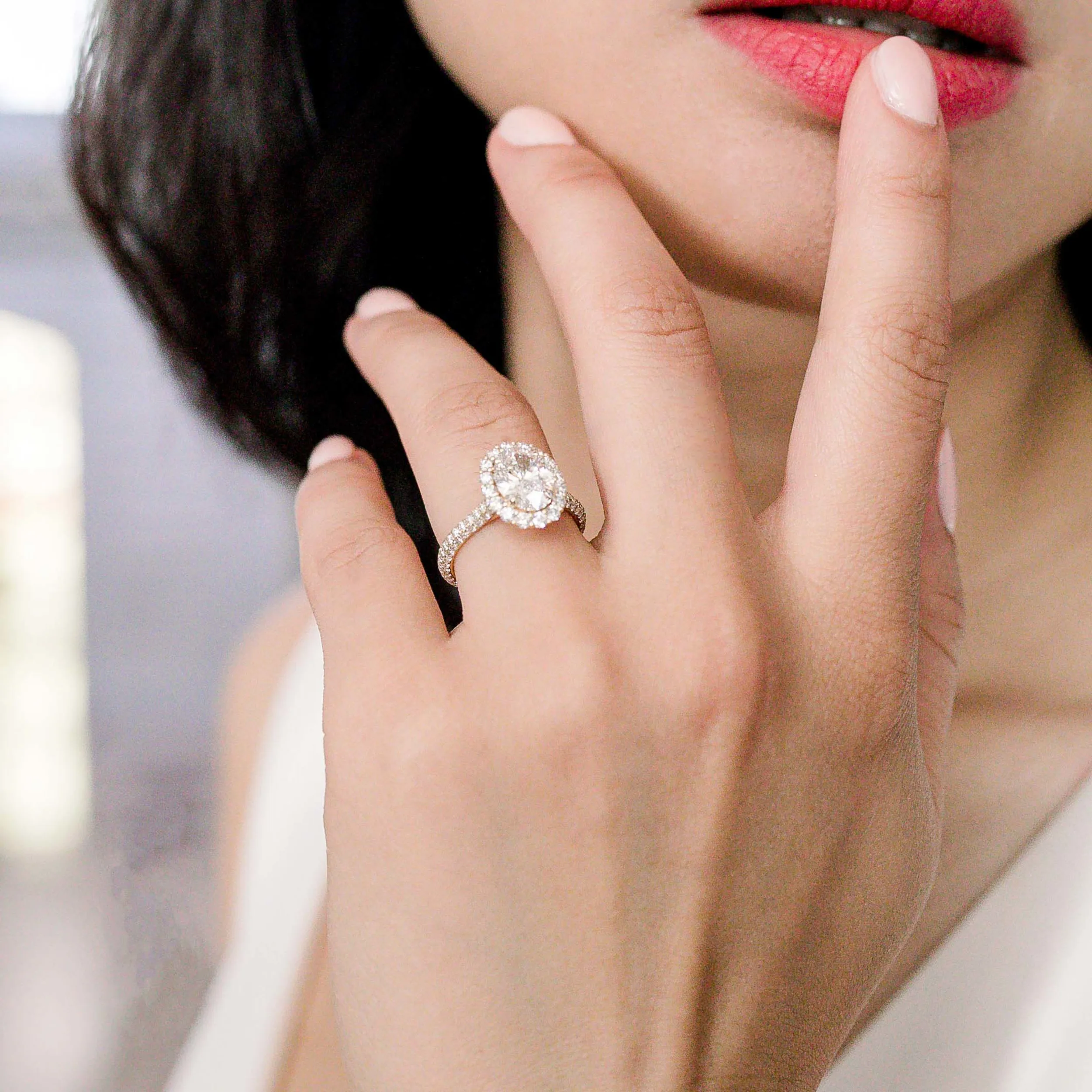 Custom Halo Setting Lab Diamond Wedding Ring On Model Design AD179