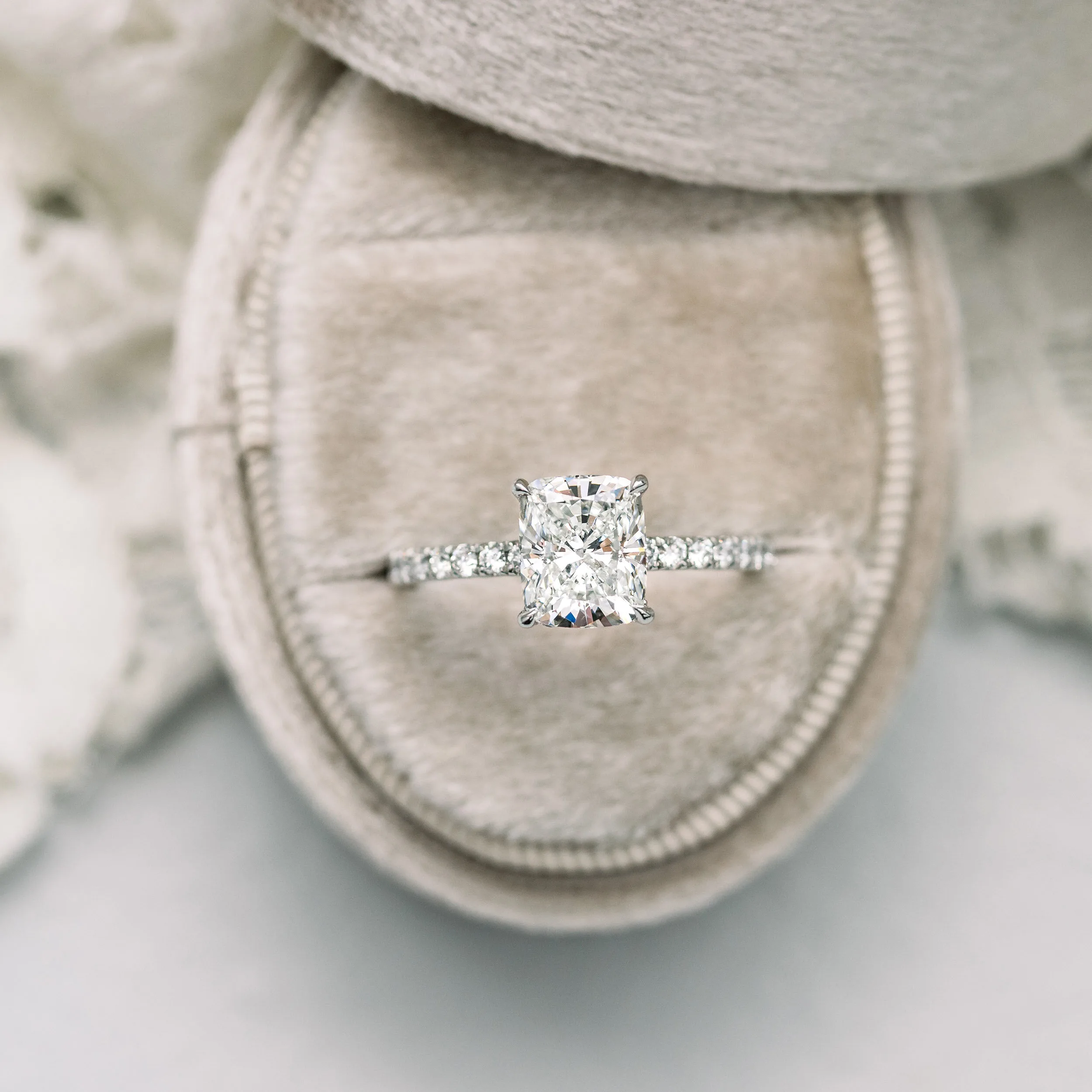 Platinum 3.5 Carat Cushion Cut Four Prong Pavé Engagement Ring Ada Diamonds Design AD-214 in Box