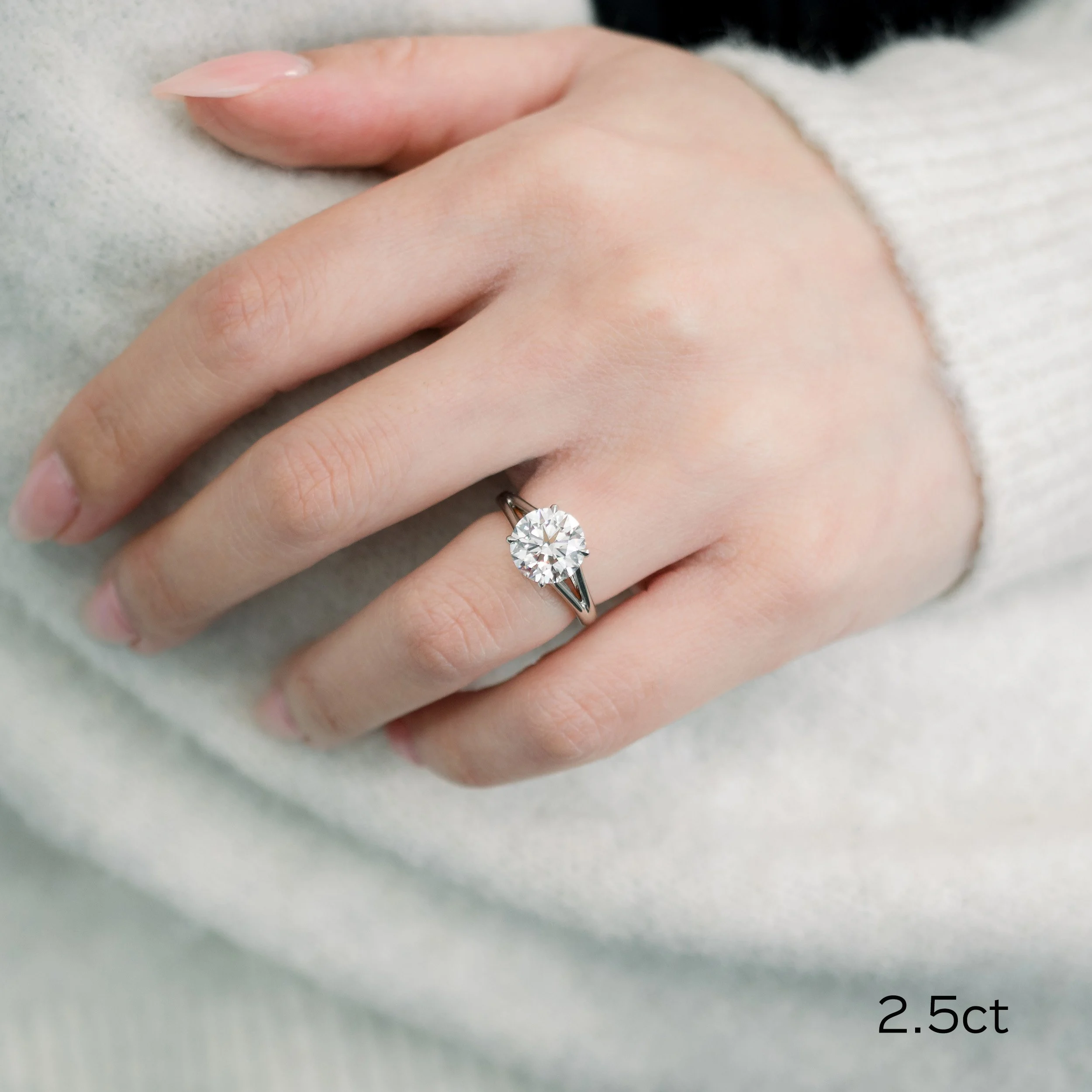 platinum 2.5 carat round lab diamond in split shank solitaire engagement ring ada diamonds design ad 338 on model