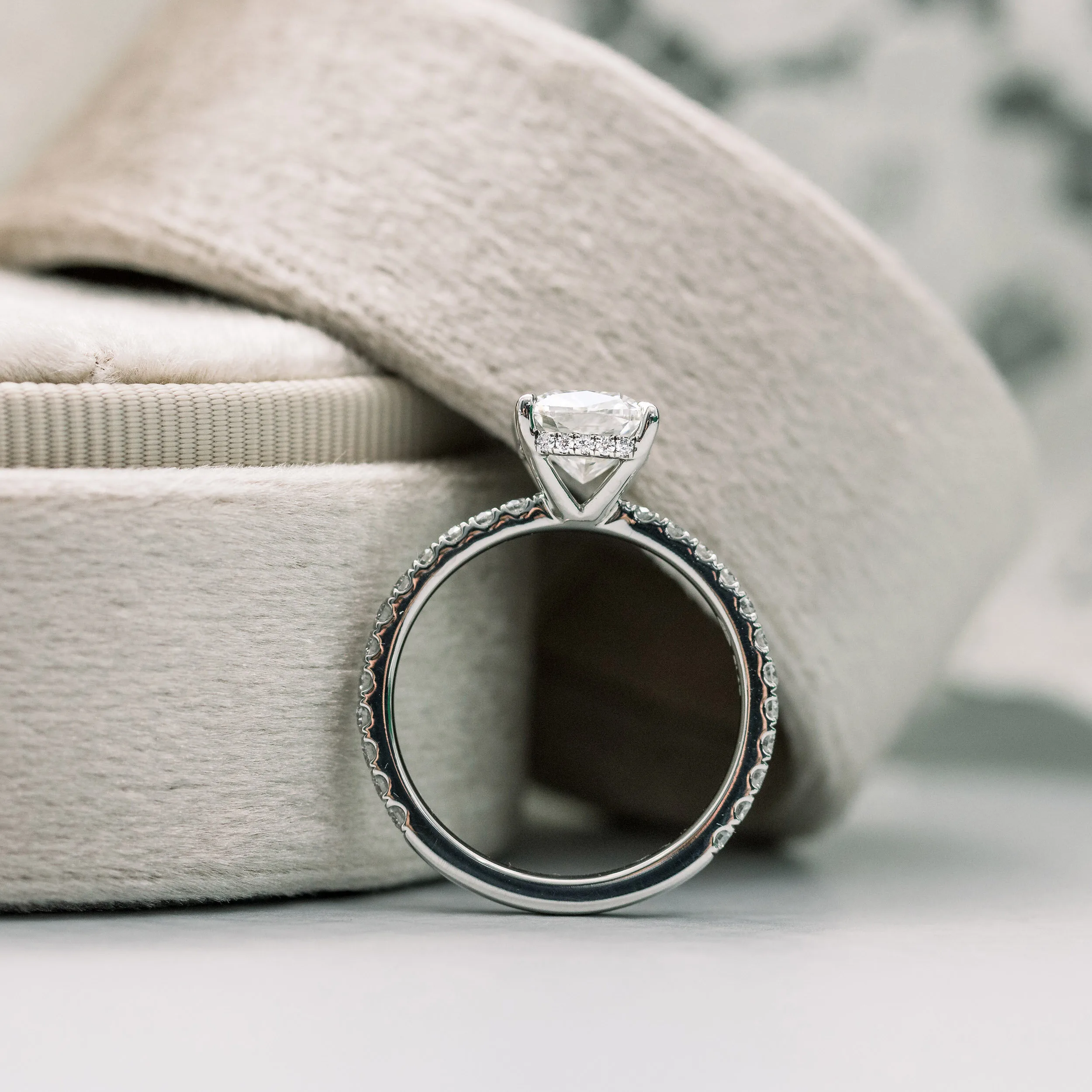 14k White Gold 1.5ct Cushion Cut Pavé Ring with Lab Created Diamonds Ada Diamonds Design AD-214 Profile