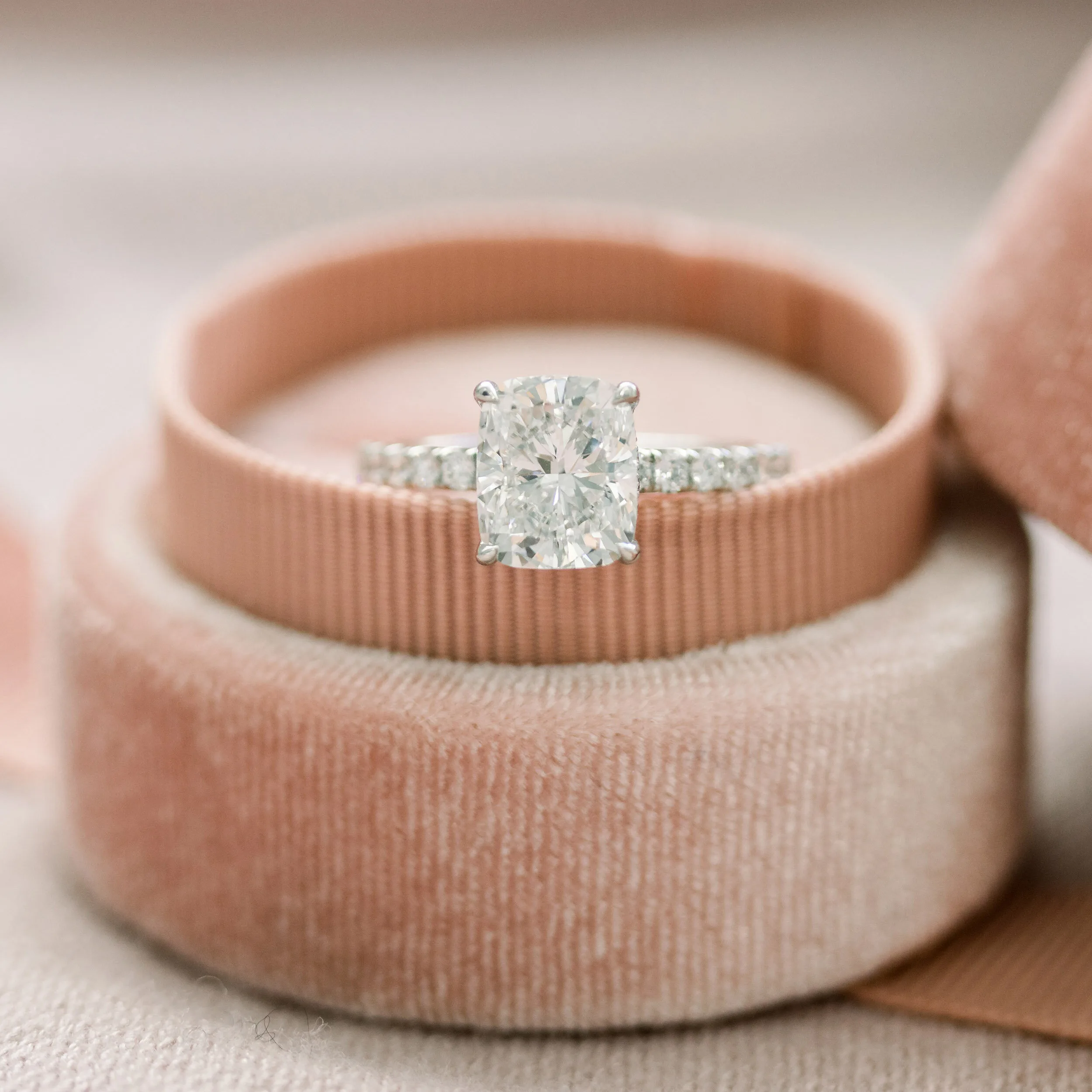 White Gold 2ct Cushion Cut Lab Diamond Four Prong Pavé Engagement Ring Ada Diamonds Design AD-214 Artistic