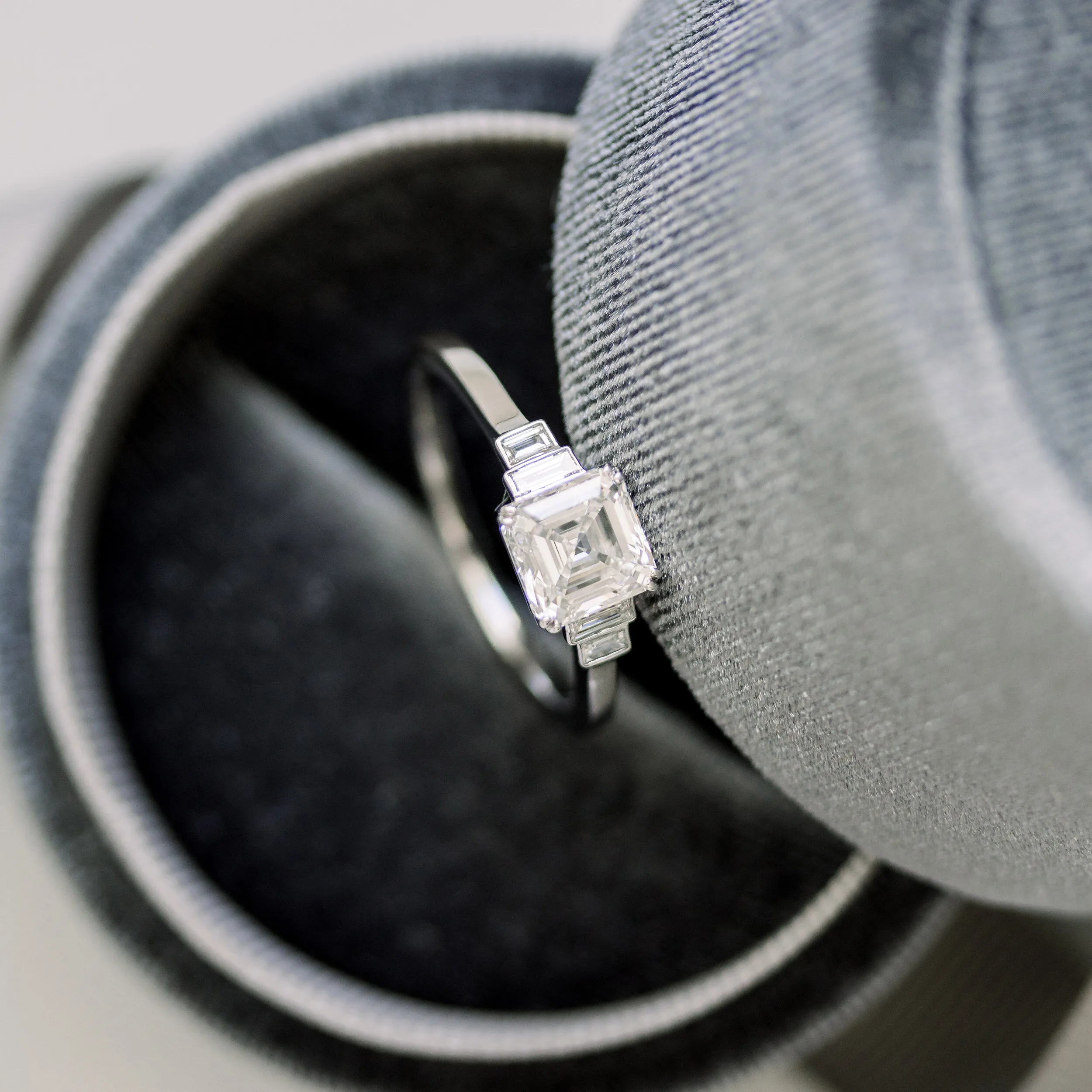 18k White Gold 2 Carat Asscher and Baguette Lab Diamond Ring Ada Diamonds Design AD-180 Macro