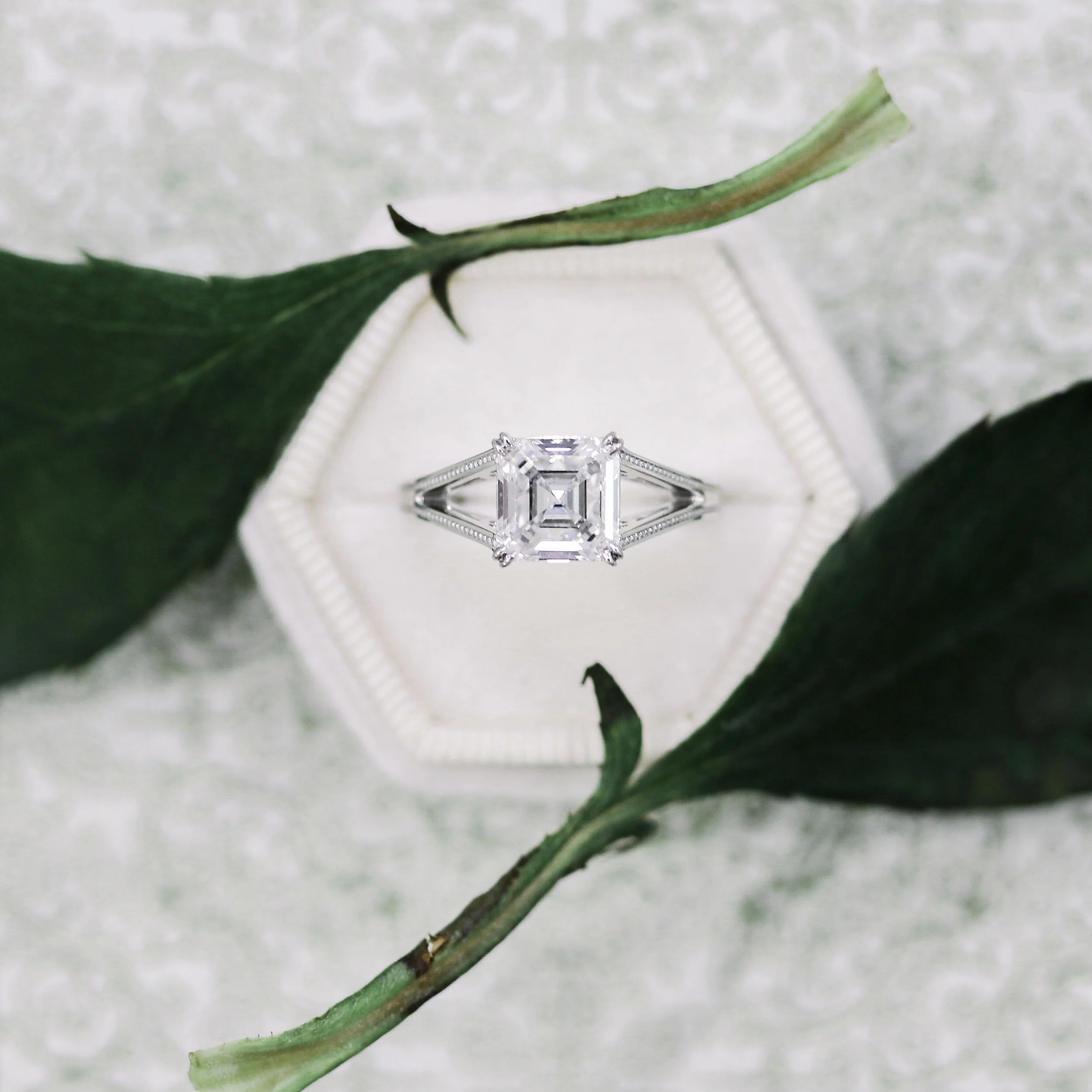 Two Carat Asscher Lab Diamond Split Shank Lab Diamond Engagement Ring in Platinum Ada Diamonds Design AD-177