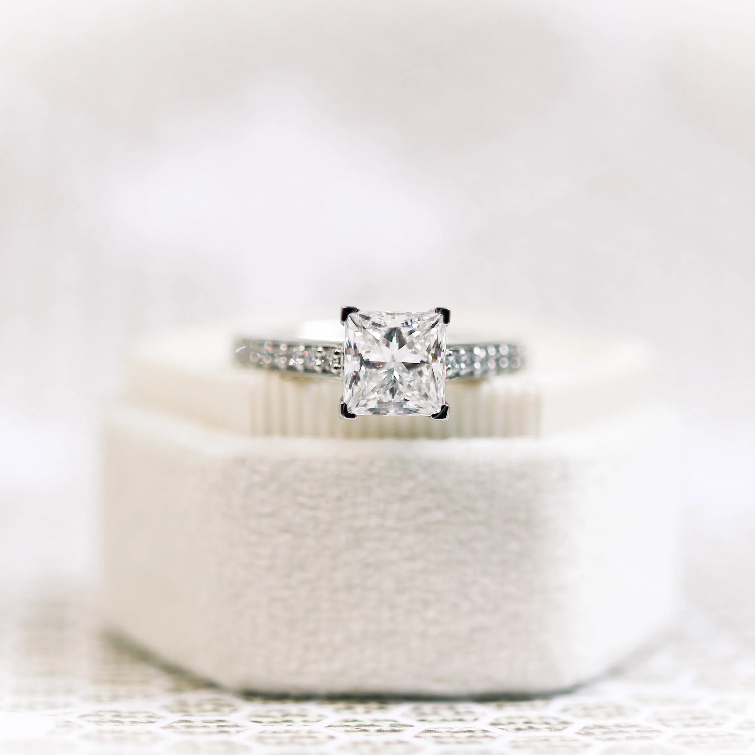 Platinum 1.75ct Princess Cut Lab Diamond Engagement Ring with Channel Set Pavé Band Ada Diamonds Design AD-074 White Box