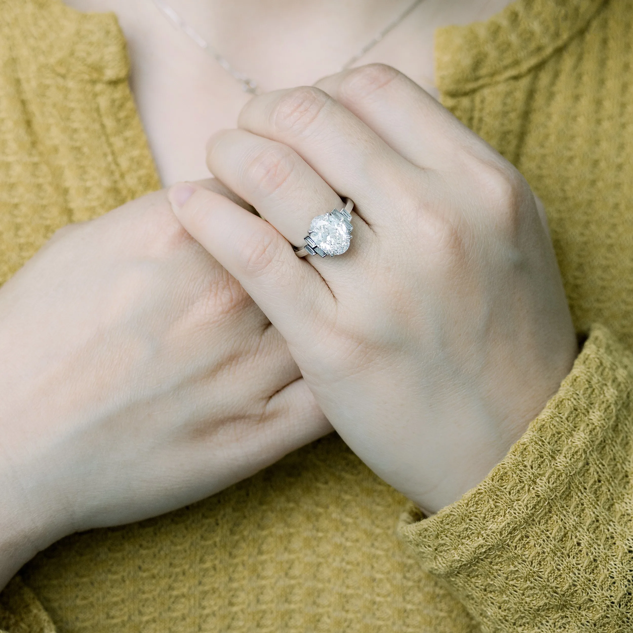 platinum 3.5 carat oval and baguette lab diamond engagement ring ada diamonds design ad 180 on model
