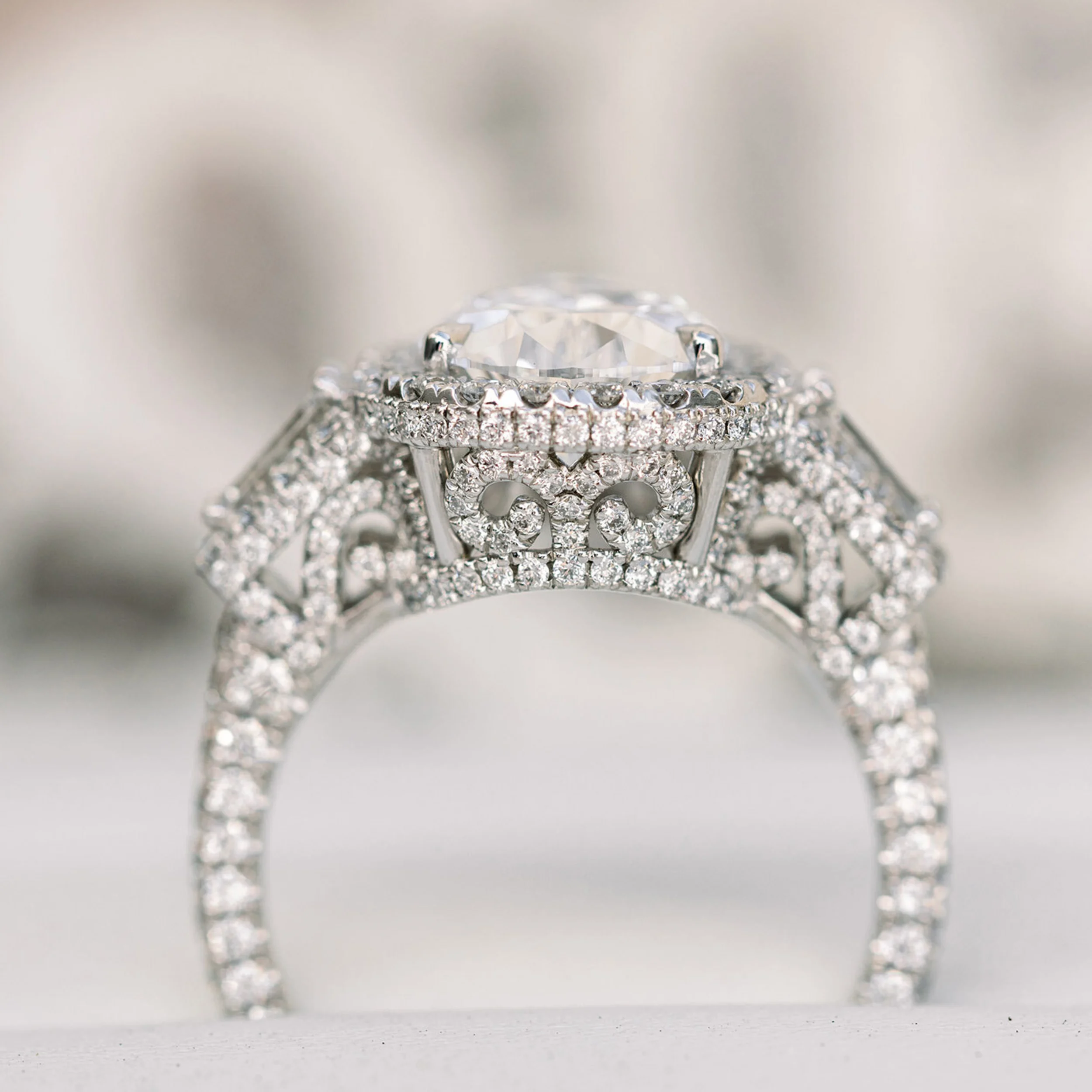 Platinum Custom 7 Carat Wedding Set with Pear and Baguette Lab Diamond Engagement Ring and Nesting Band Ada Diamonds Design AD-179 Profile