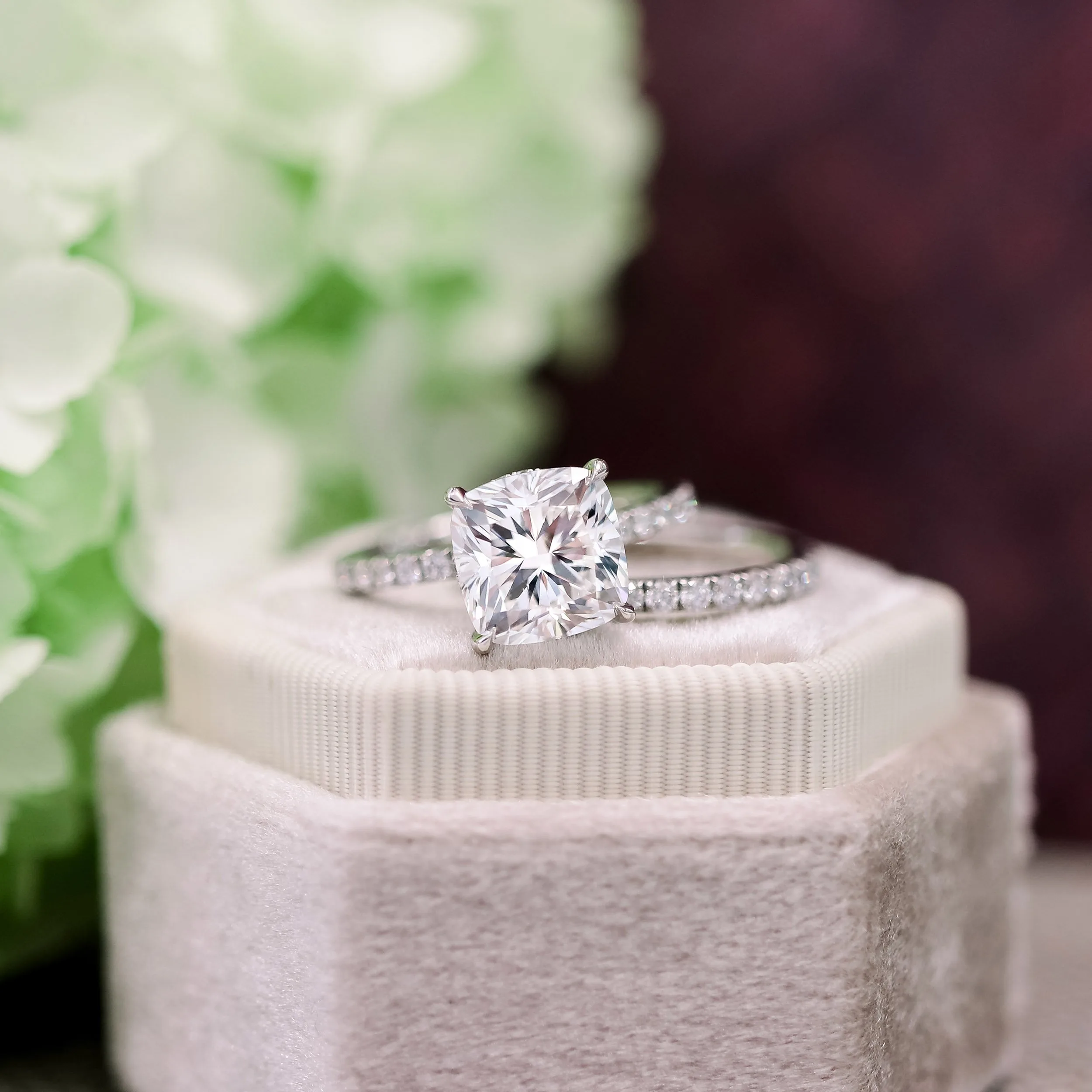 Cushion Petite Four Prong Pavé Diamond Engagement Ring