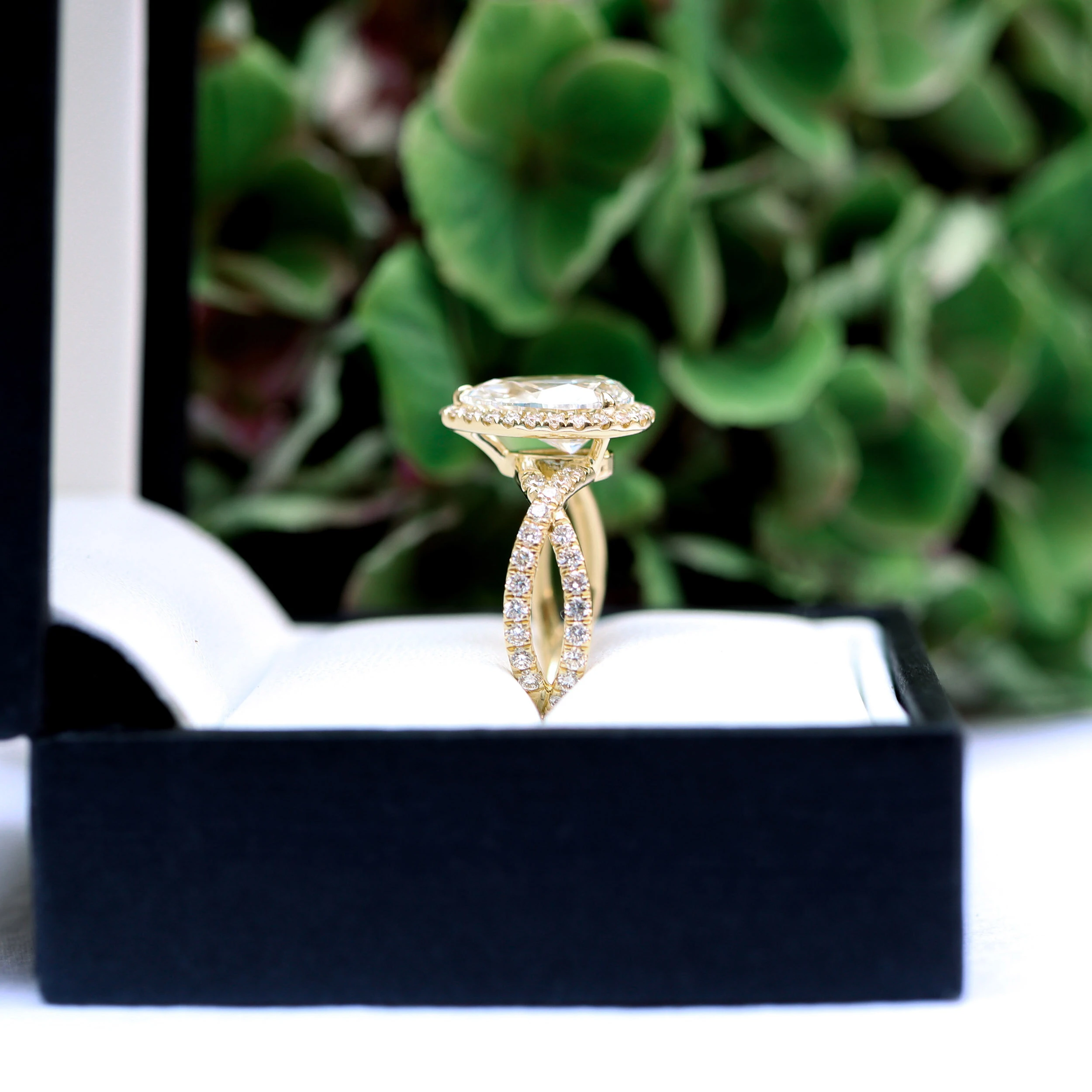 18k Yellow Gold Custom 3 Ct Pear Lab Created Diamond Halo Engagement Ring with Twisting Diamond Band Ada Diamonds Design AD-179 Profile Shot