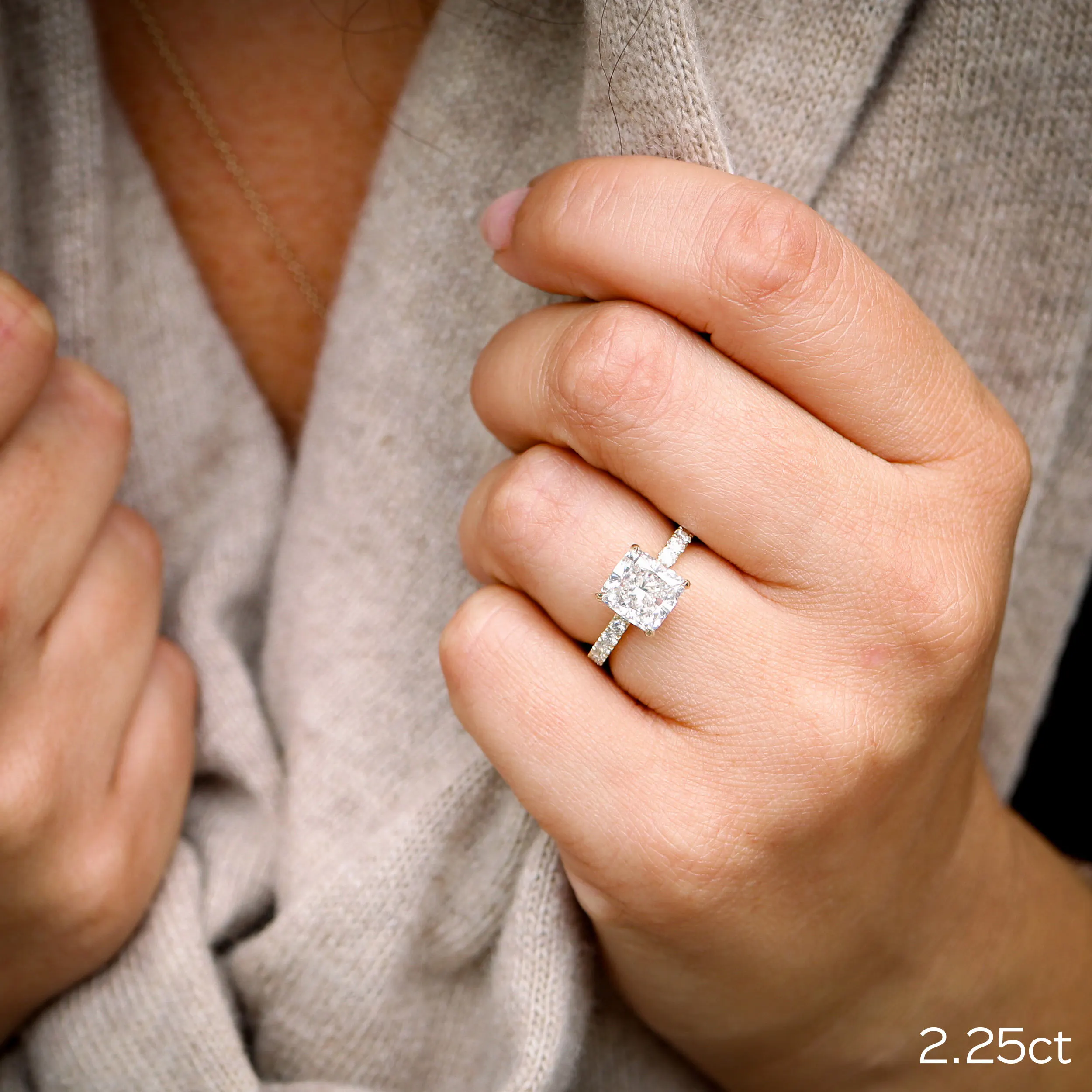 18k White Gold 2.5 Carat Cushion Cut Lab Diamond Engagement Ring with Diamond Band Ada Diamonds Design AD-214 on Model