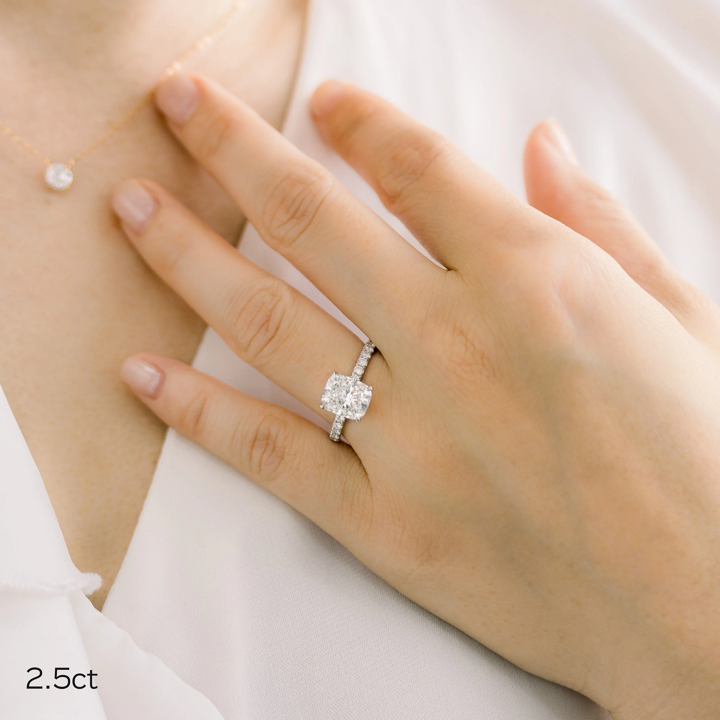 White Gold 2.5ct Cushion Lab Diamond Pavé Wedding Ring Ada Diamonds Design AD-214 on Hand