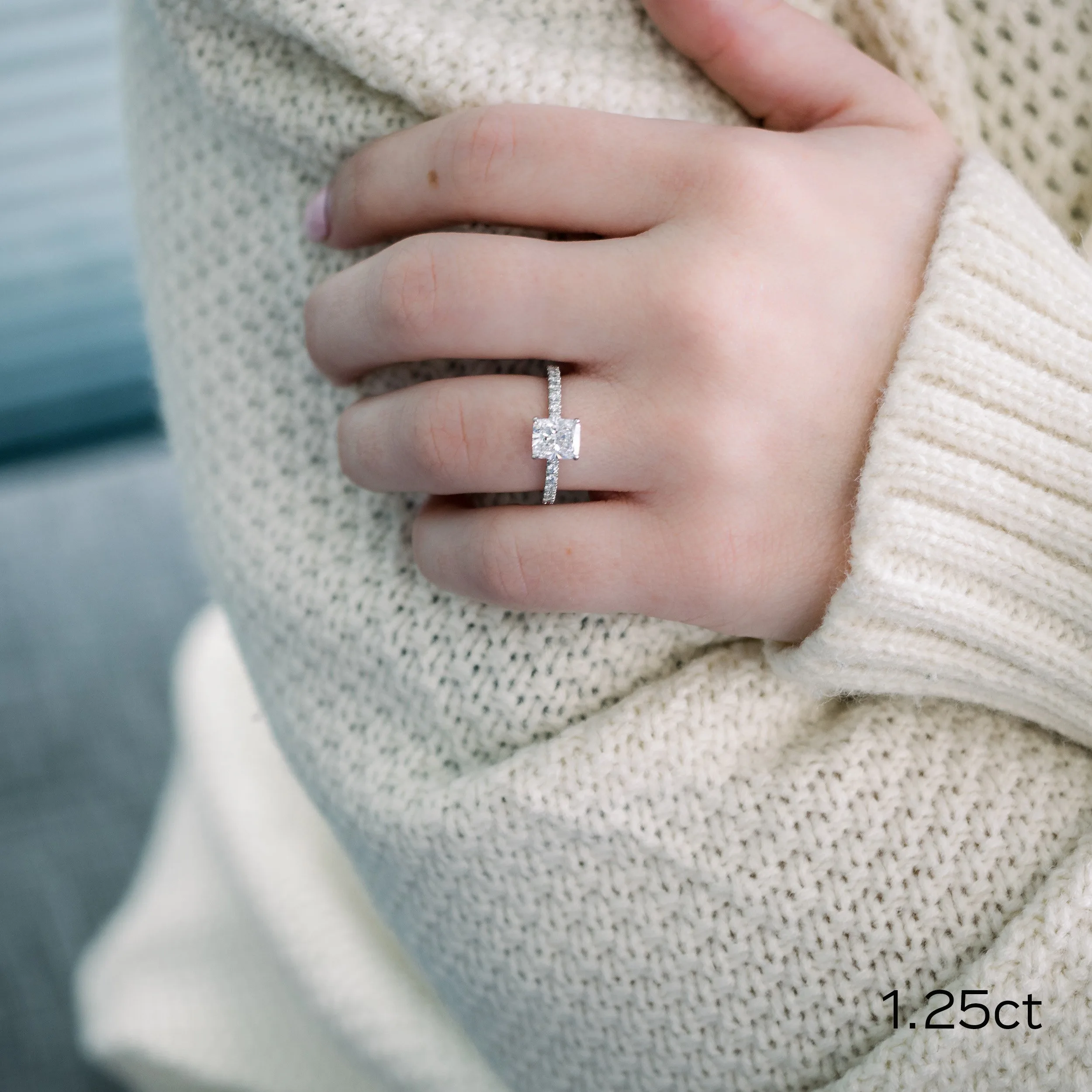 18k White Gold 1.25 Carat Cushion Cut Lab Created Diamond Pavé Engagement Ring Ada Diamonds Design AD-214 on Model