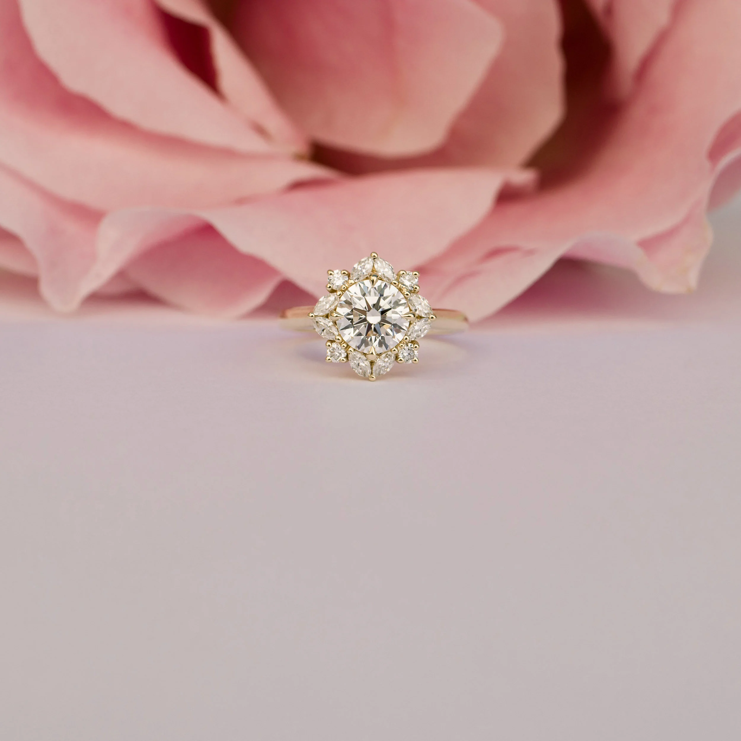 14k Yellow Gold 1ct Round Lab Diamond Ring with Marquise Halo Ada Diamonds Design ad-179