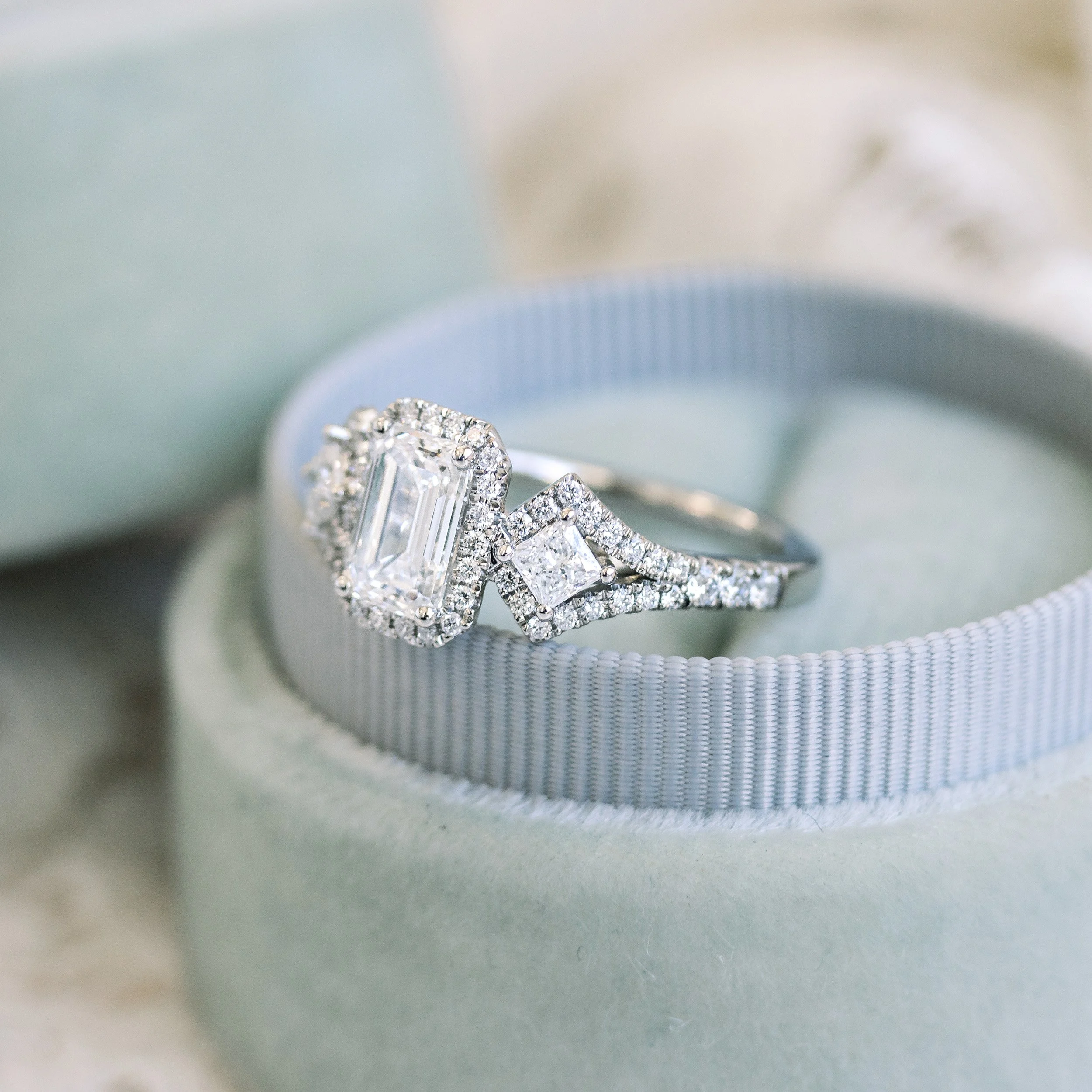 platinum 2 carat emerald cut and princess three stone lab diamond halo engagement ring ada diamonds design ad 180 profile