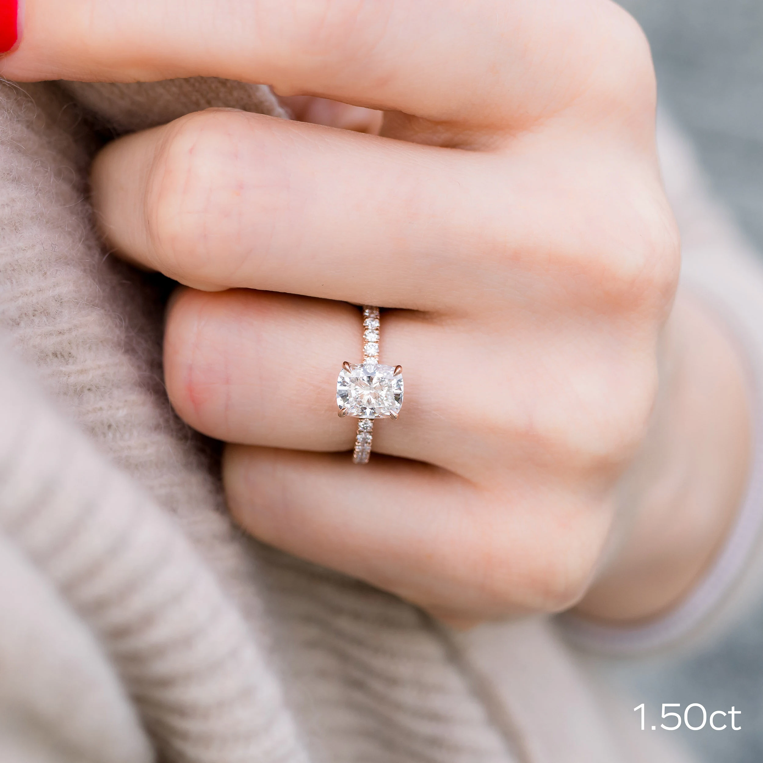 18k White Gold 1.5 Carat Cushion Cut Lab Created Diamond Pavé Engagement Ring Ada Diamonds Design AD-214 on Model