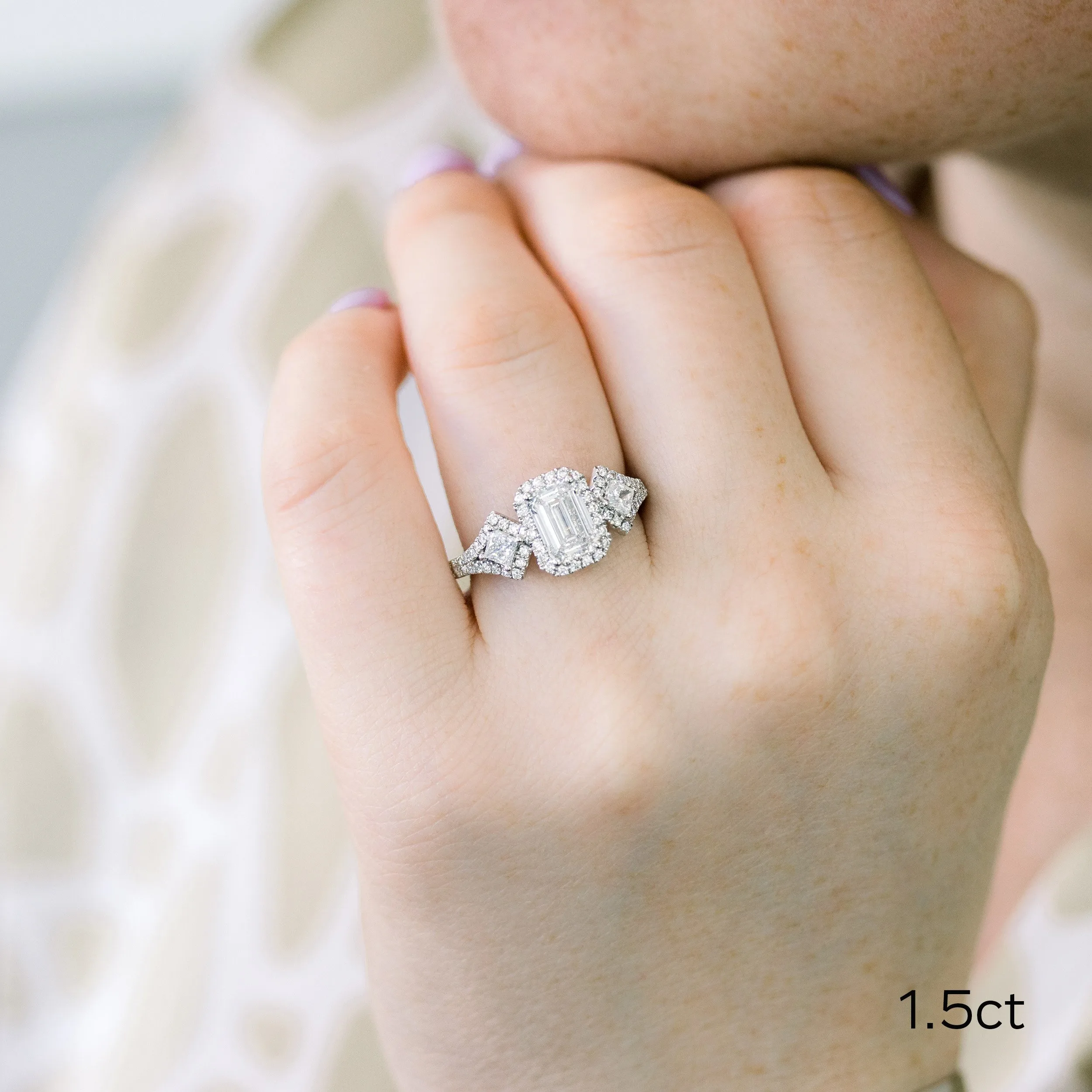 platinum 2 carat emerald cut and princess custom three stone halo engagement ring ada diamonds design ad180 on model