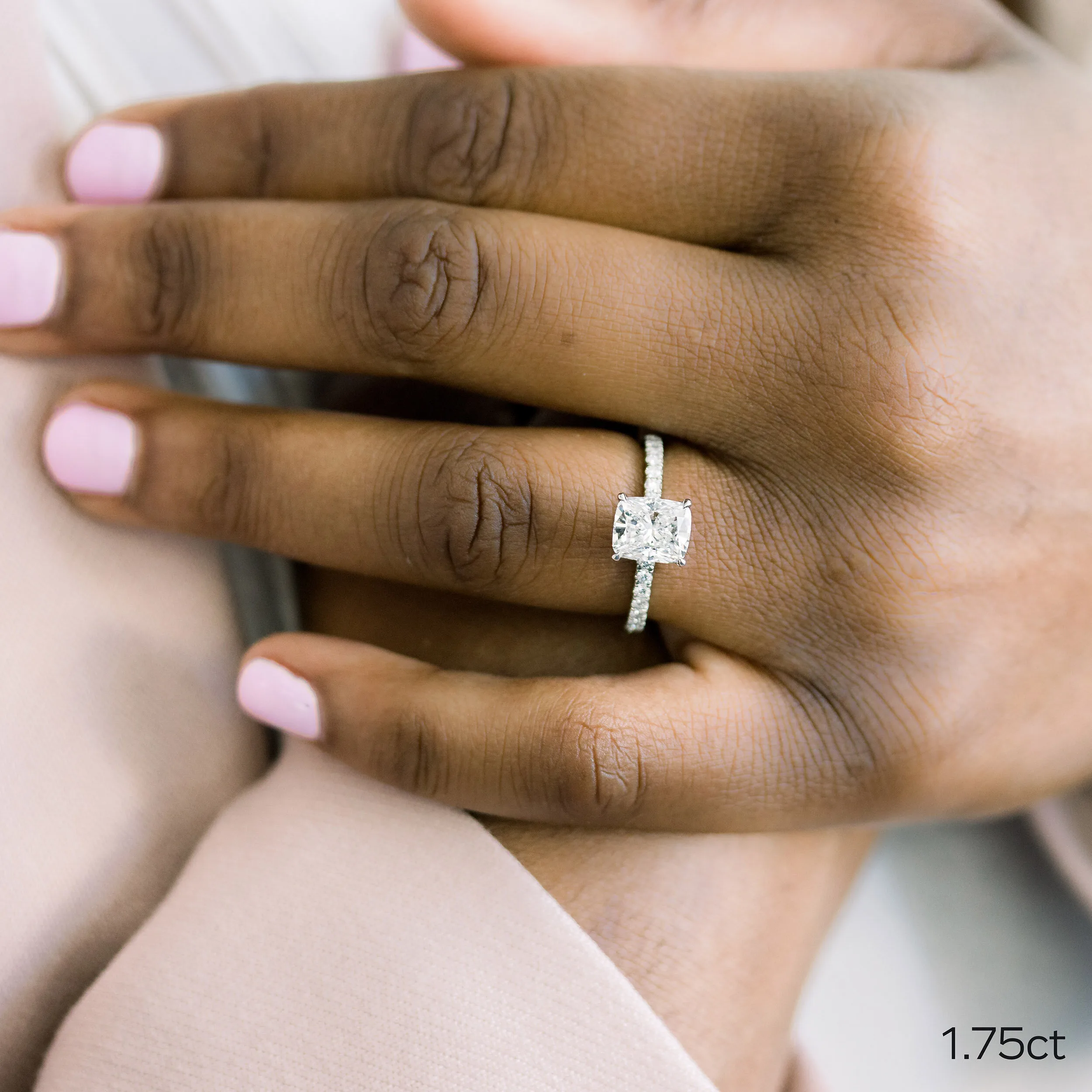 Yellow Gold 1.75ct Cushion Cut Lab Created Diamond Pavé Engagement Ring Ada Diamonds Design AD-214 on Hand
