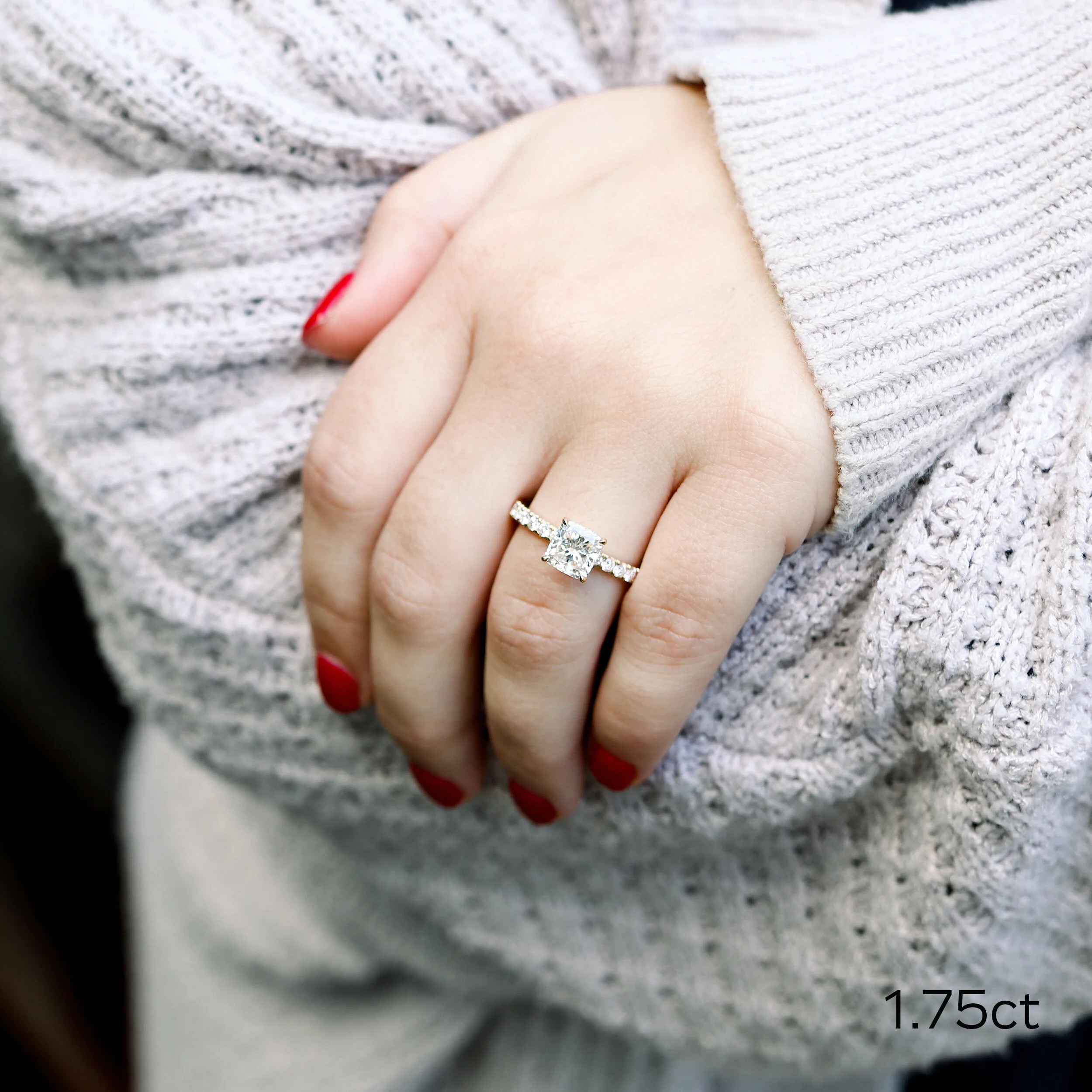 White Gold 1.75 Carat Cushion Cut Lab Diamond Pavé Engagement Ring Ada Diamonds Design AD-214 on Model