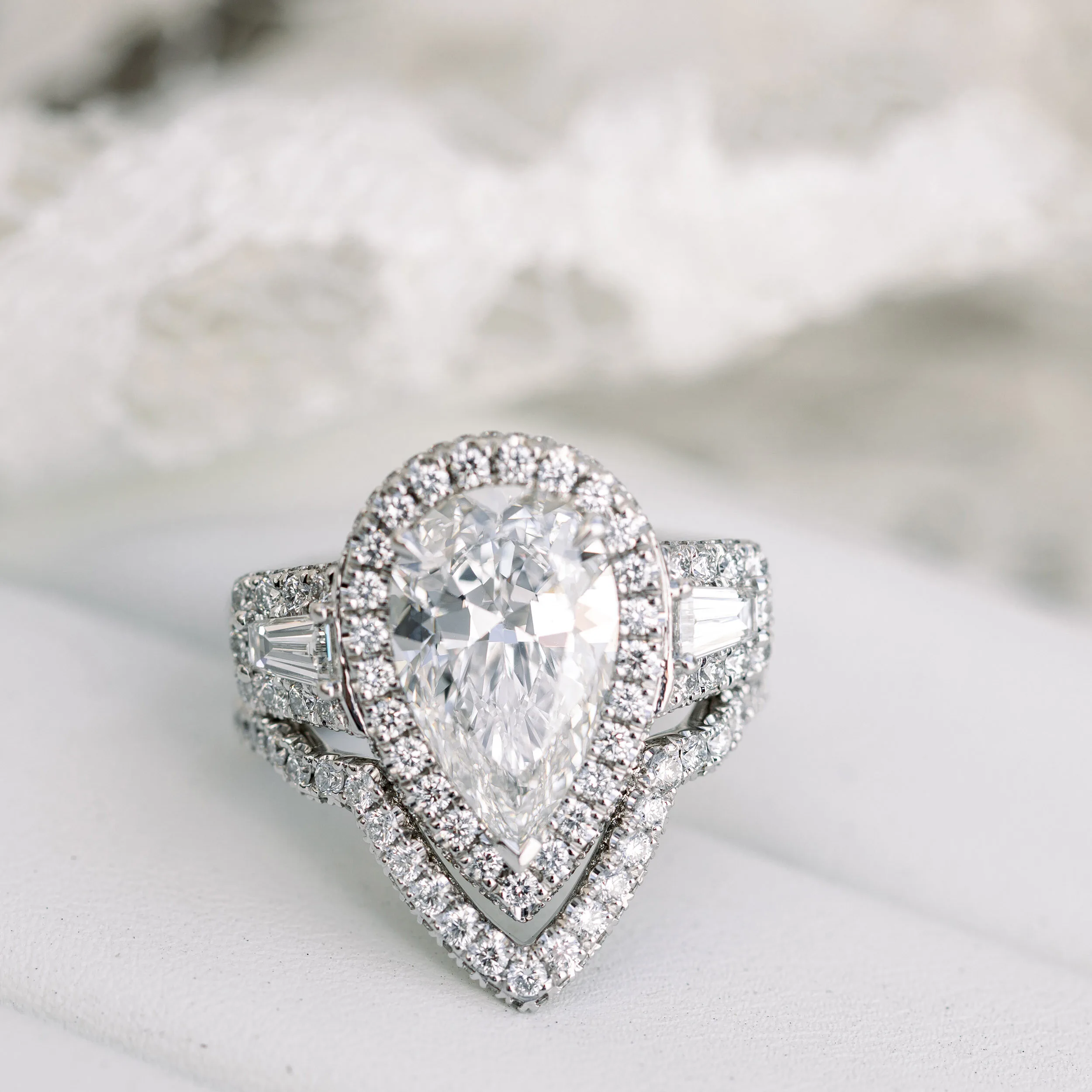 Platinum Custom 7 Carat Wedding Set with Pear and Baguette Lab Diamond Engagement Ring and Nesting Band Ada Diamonds Design AD-179 Artistic