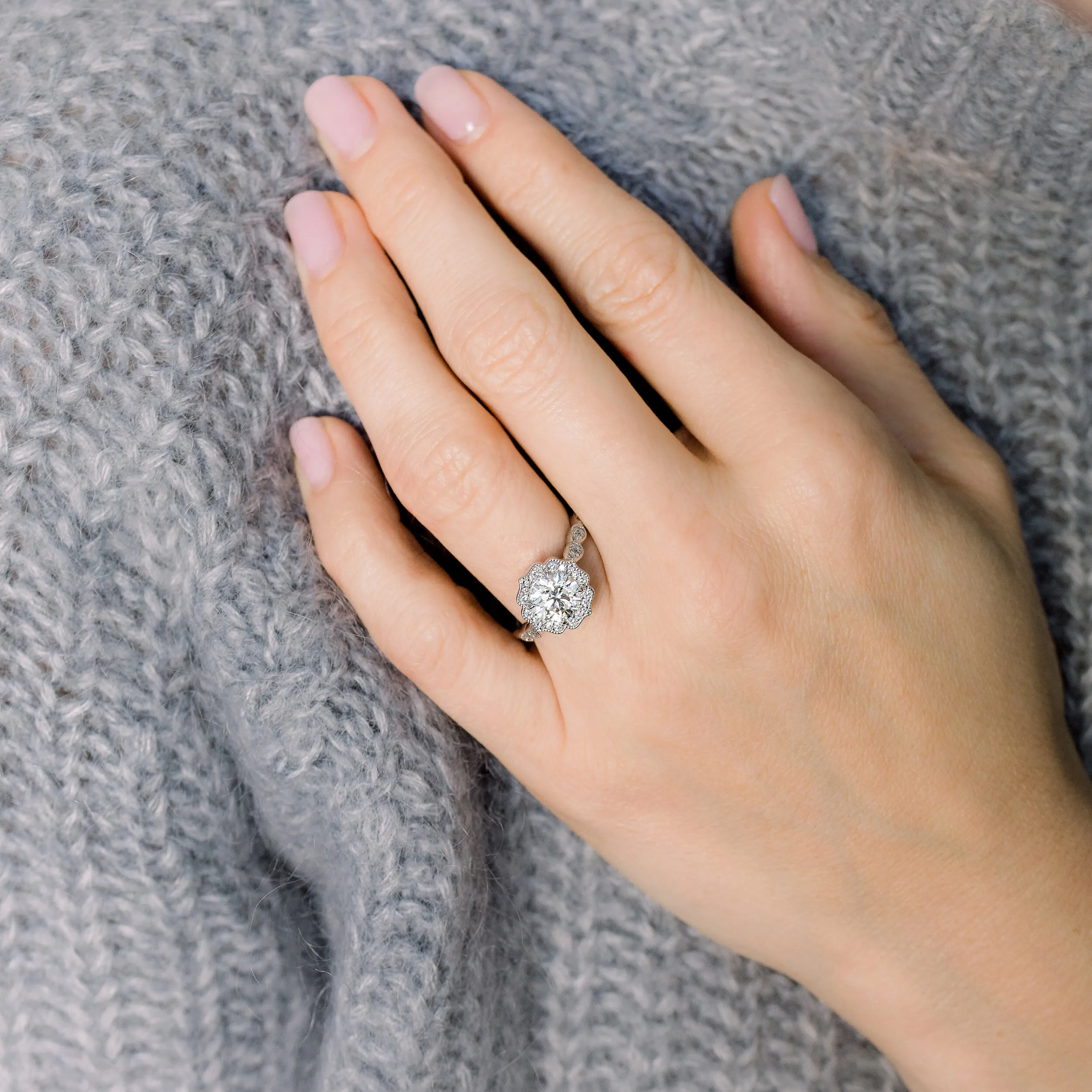 Platinum 1.75 Carat Antique Style Halo Engagement Ring with Lab Created Diamonds Ada Diamonds Design AD-179 on Model