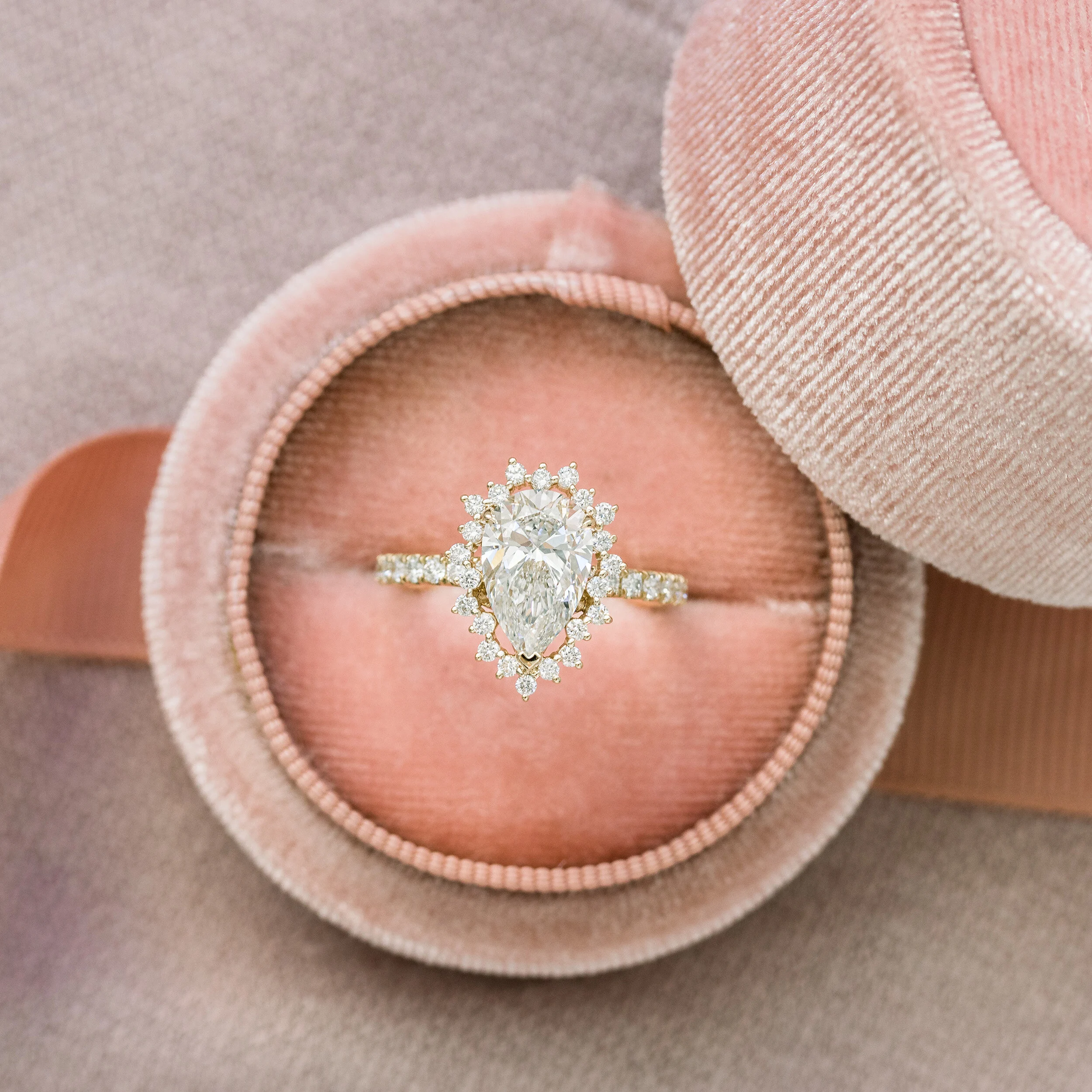 14k Yellow Gold 2.25 Carat Custom Pear Halo Engagement Ring with Diamond Band Ada Diamonds Design AD-179 Macro