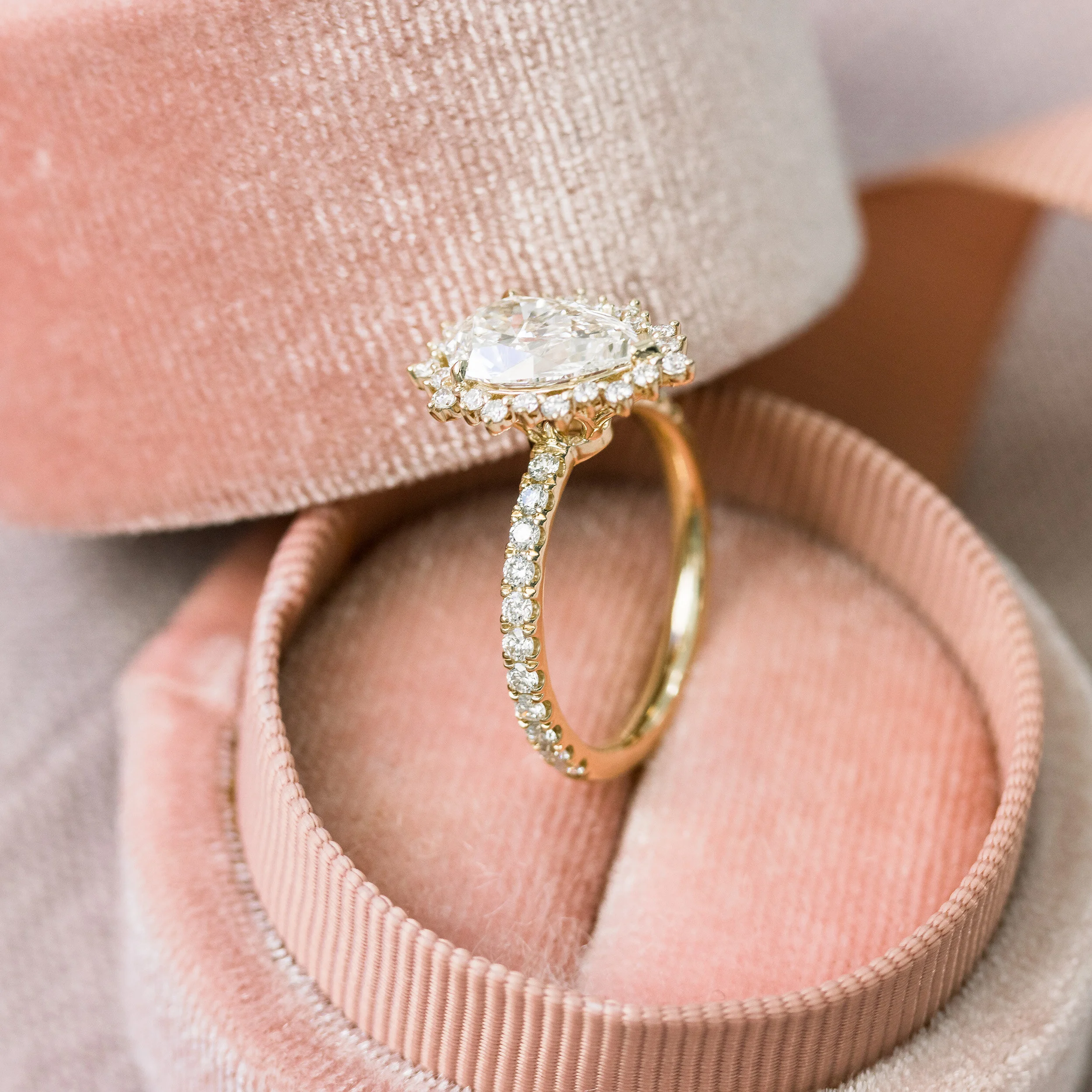 14k Yellow Gold 2.25ct Pear Lab Created Diamond Custom Halo Engagement Ring Ada Diamonds Design AD-179 Profile View
