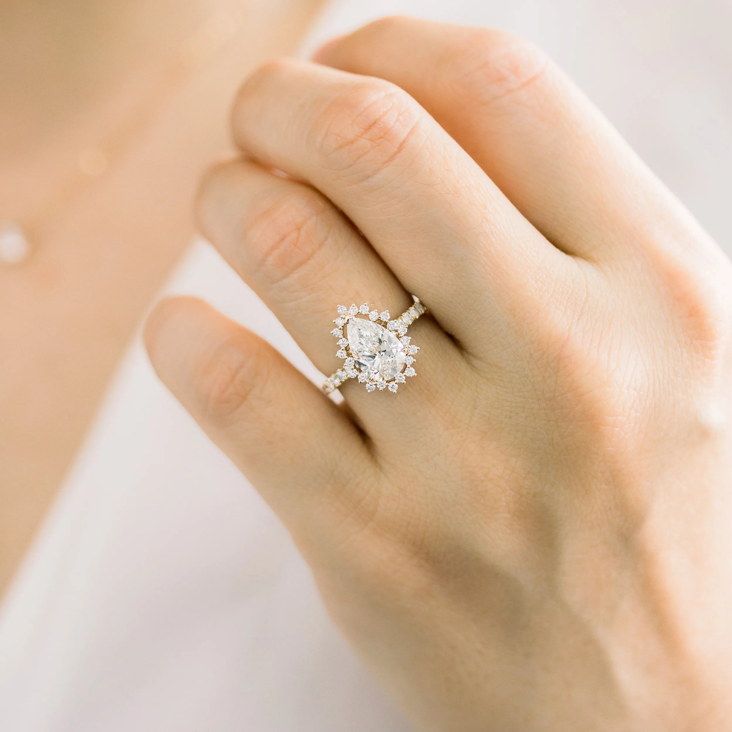 14k Yellow Gold 2.25 Carat Lab Diamond Pear Halo Engagement Ring Ada Diamonds Design AD-179 on Model