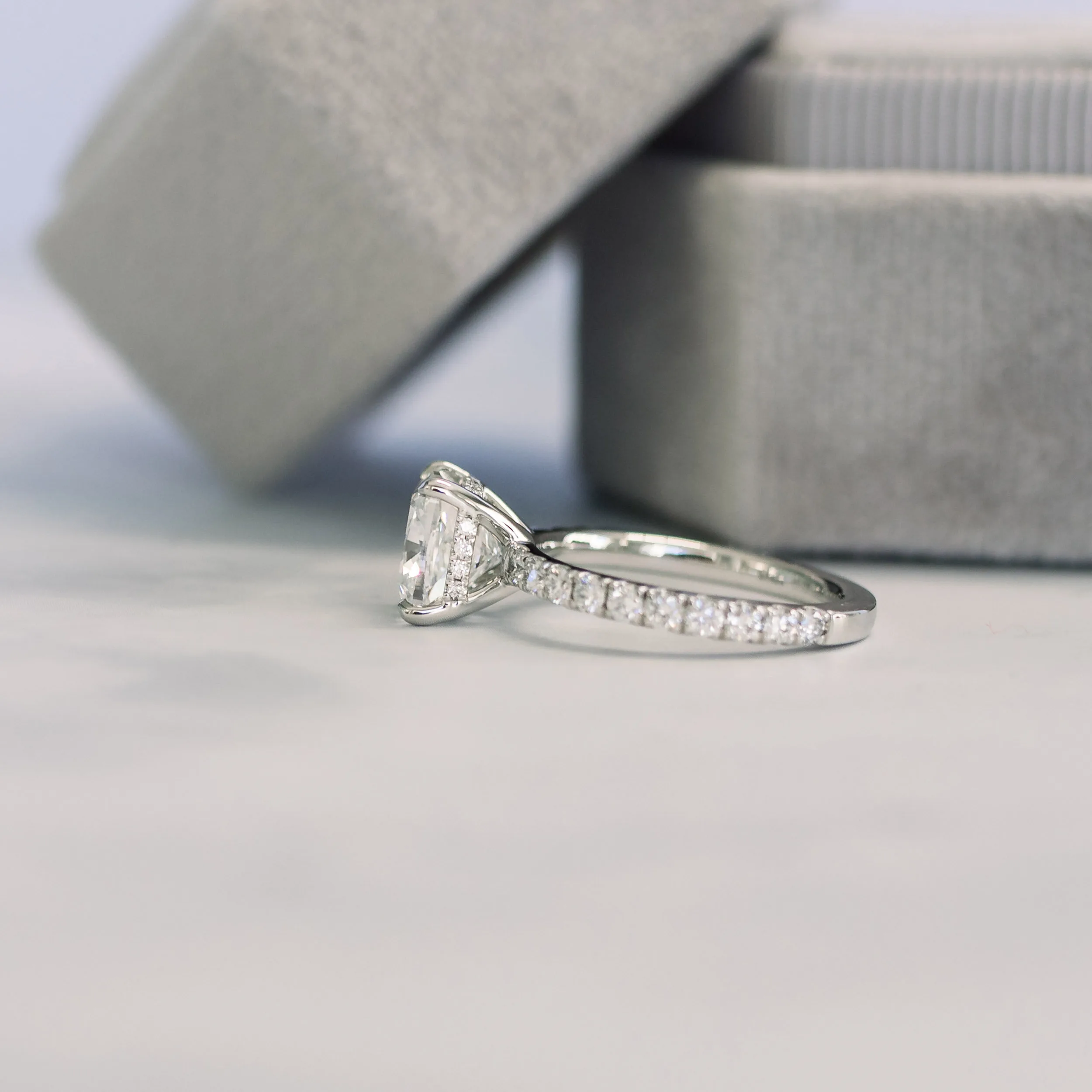 Platinum 2ct Cushion Pavé Lab Created Diamond Engagement Ring Ada Diamonds Design AD-214 Side View