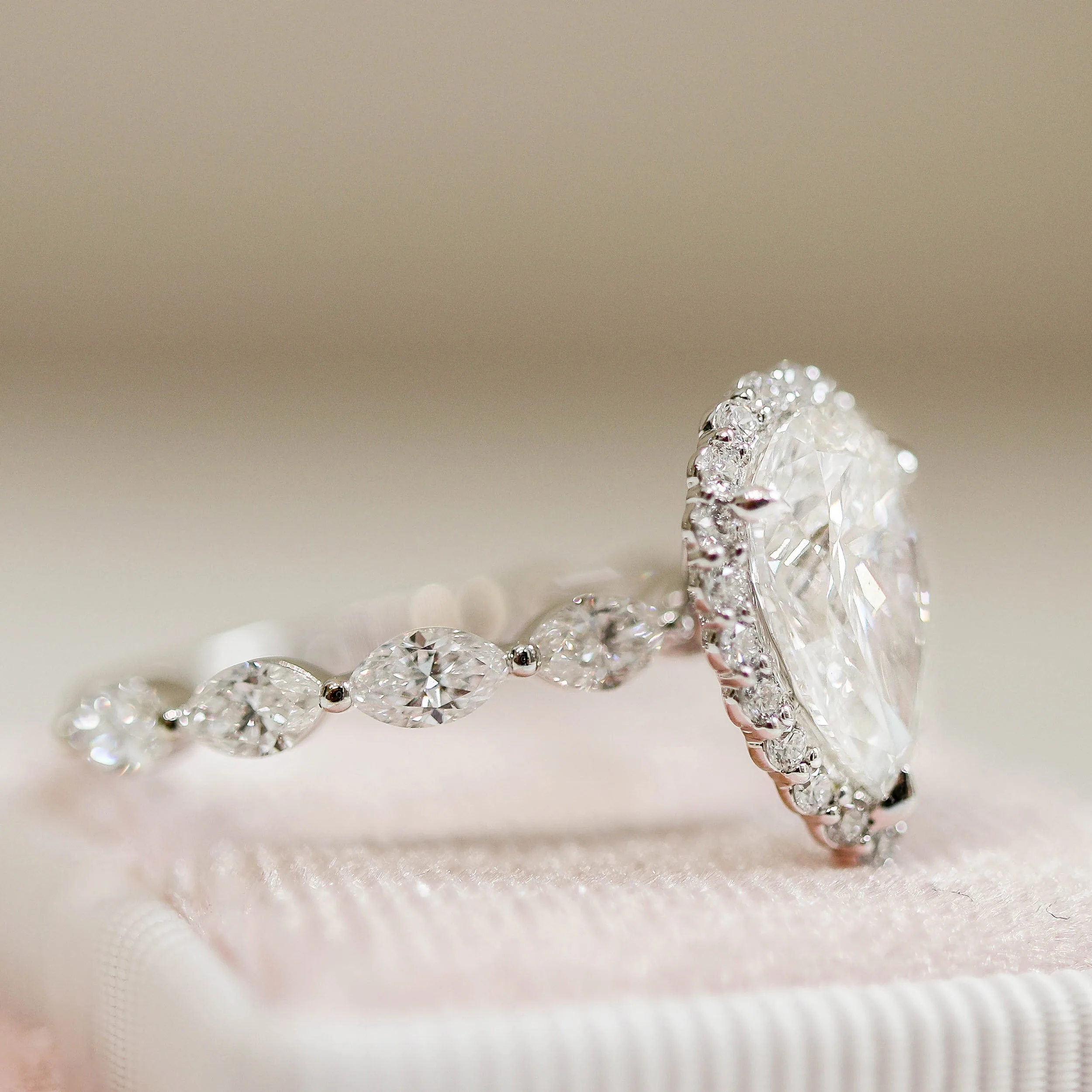 Platinum 3.5 Carat Pear Halo Lab Diamond Engagement Ring with Marquise Band in Platinum Ada Diamonds Design AD-179 Profile