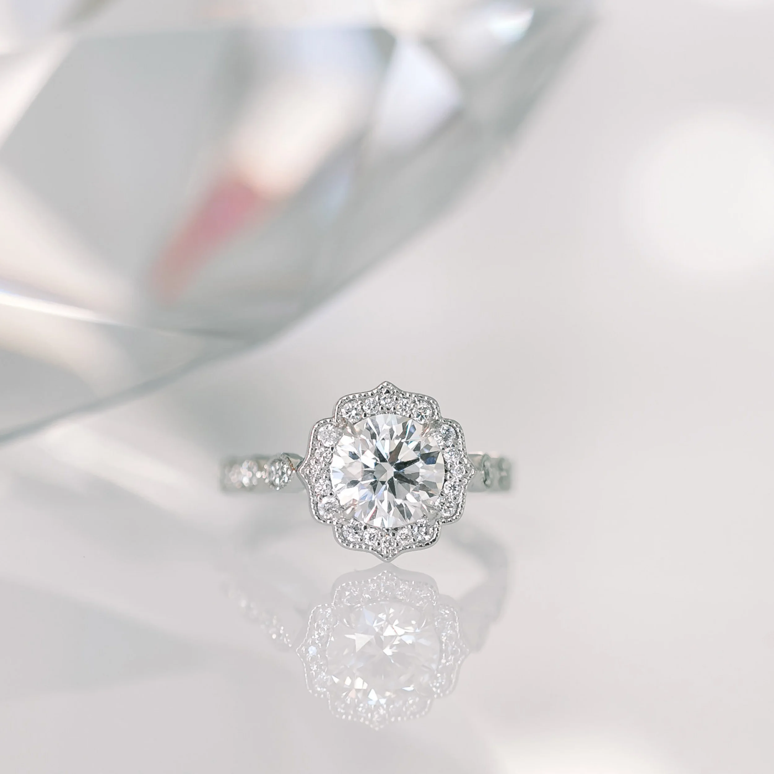 Platinum Custom 1.75ct Round Lab Diamond Vintage Inspired Engagement Ring with Halo Ada Diamonds Design AD-179 White Background