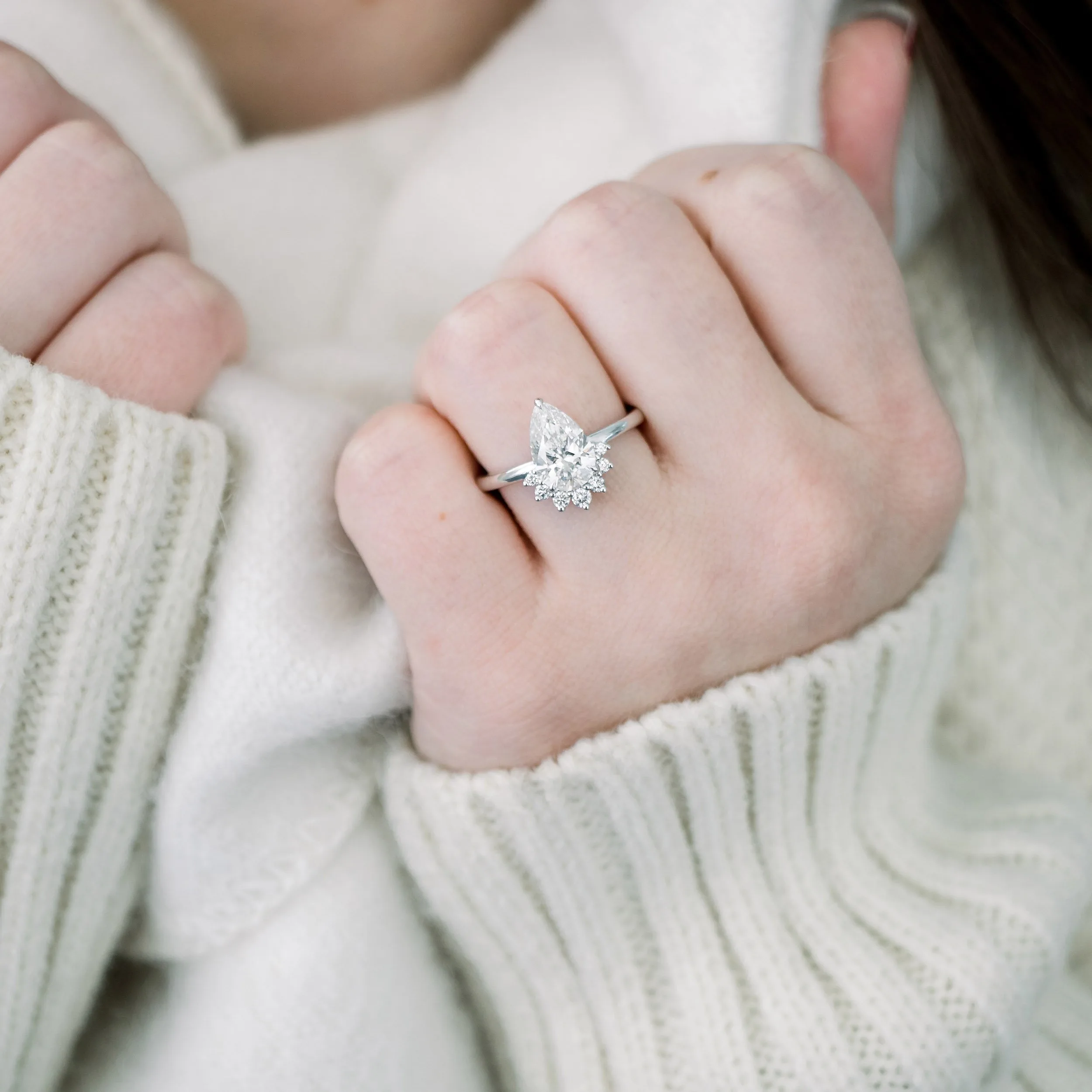 White Gold 2 ct Pear Lab Created Diamond Ring with Custom Half Halo Ada Diamonds Design AD-179 on Model