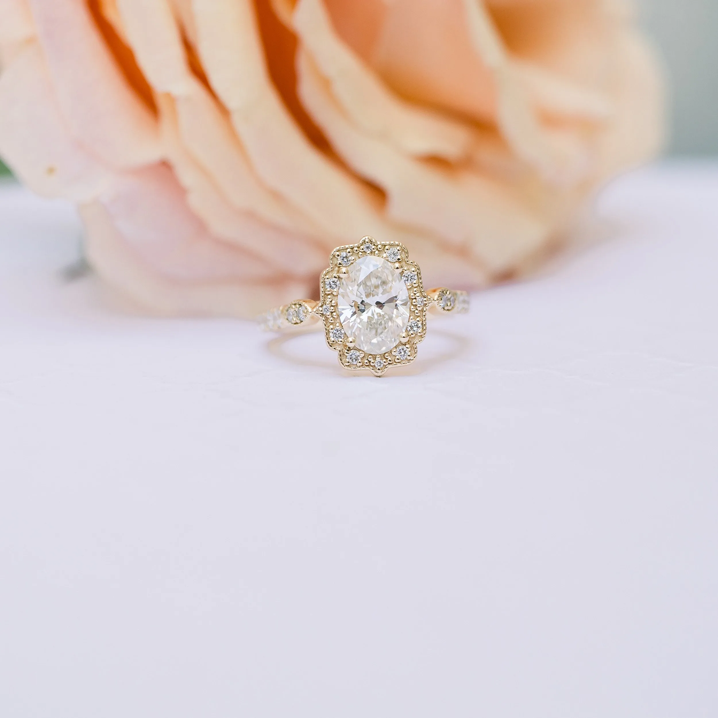 Yellow gold 2 carat oval lab diamond engagement ring with custom milgrain halo ada diamonds design ad-178