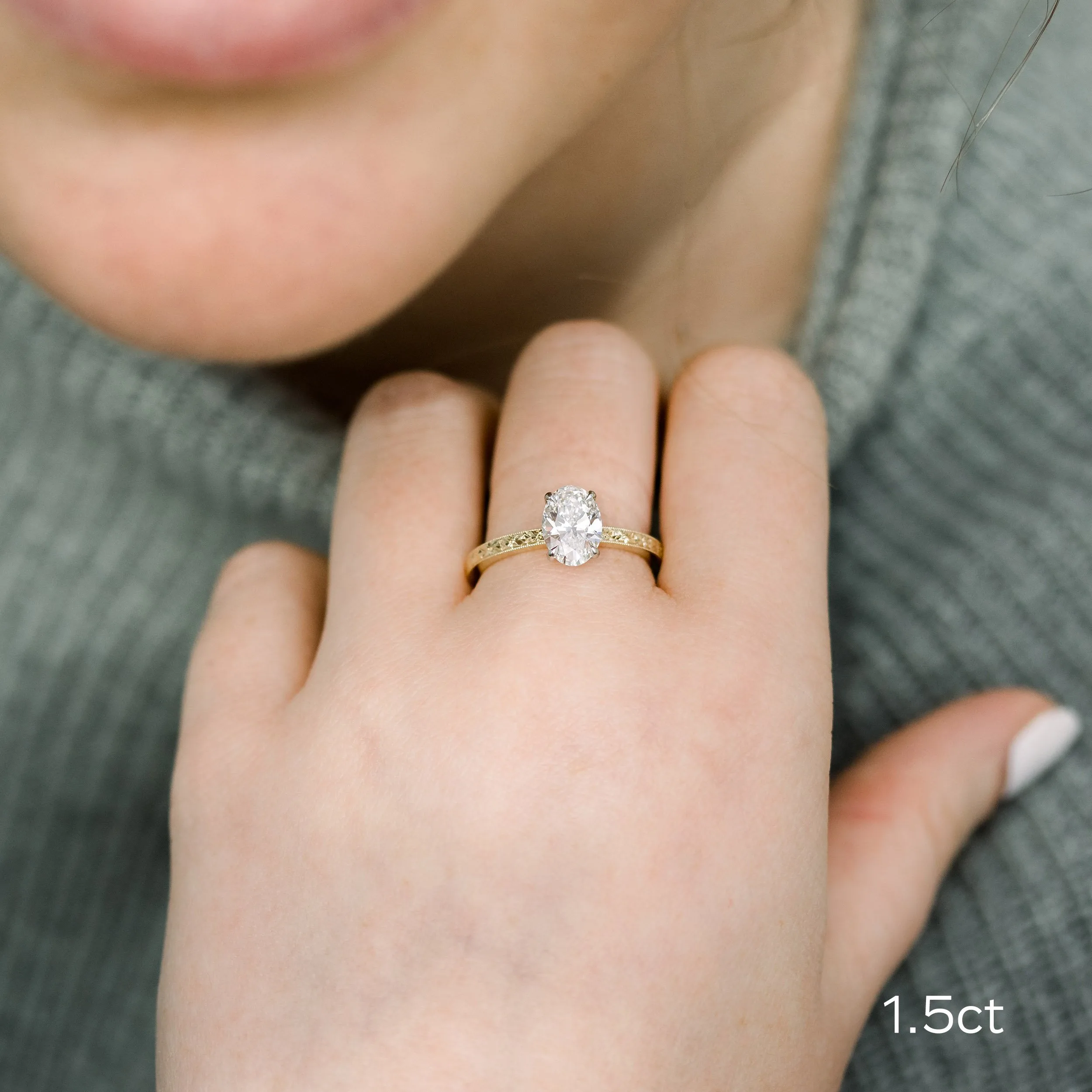 yellow gold and platinum 1.5ct oval solitaire lab diamond engagement ring with floral basket and. engraved band ada diamonds design ad 368 on model