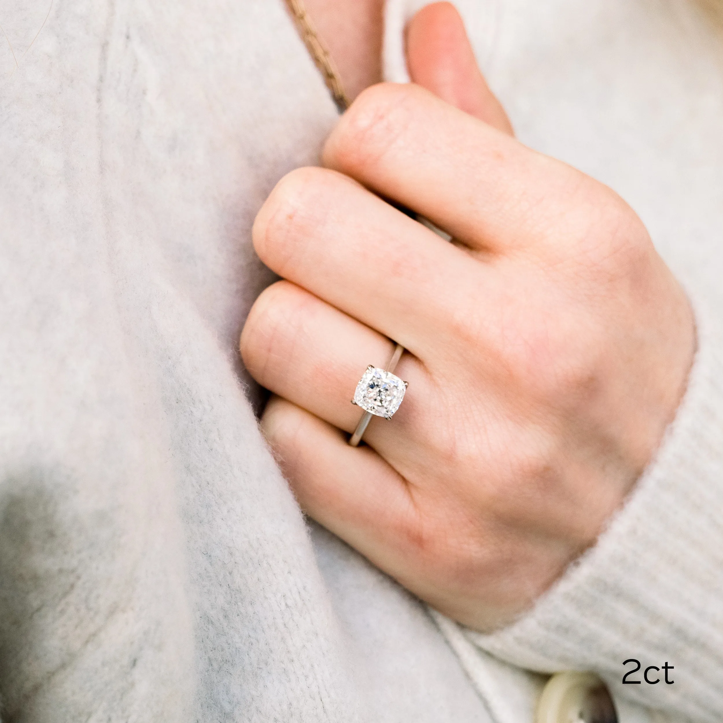 platinum two carat square cushion cut lab diamond floral solitaire engagement ring on model ada diamonds design ad 368